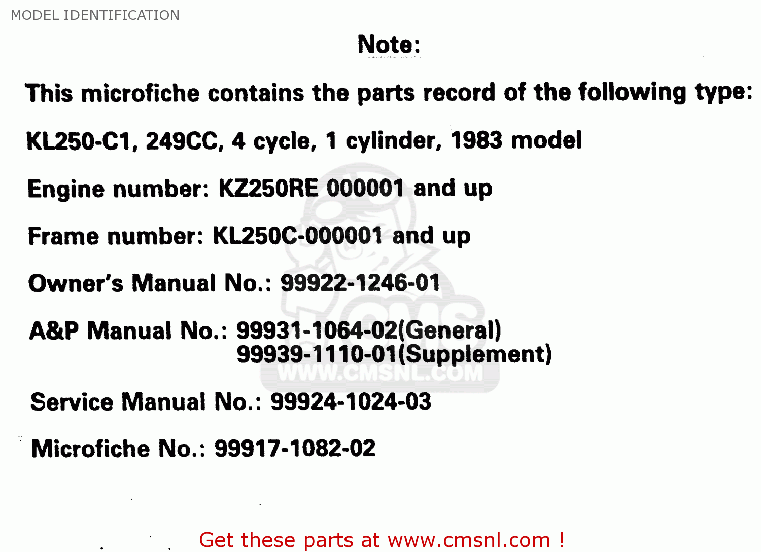 MODEL IDENTIFICATION KL250C2 1984 USA