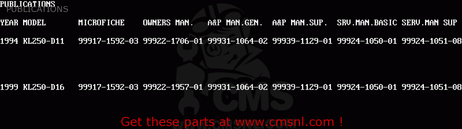 PUBLICATIONS KL250D11 KLR250 1994 UNITED KINGDOM EU NL GR