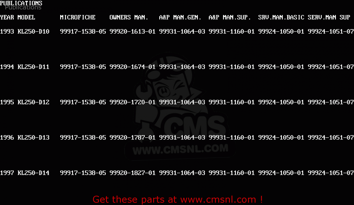 Publications KL250D12 KLR250 1995 USA CALIFORNIA CANADA