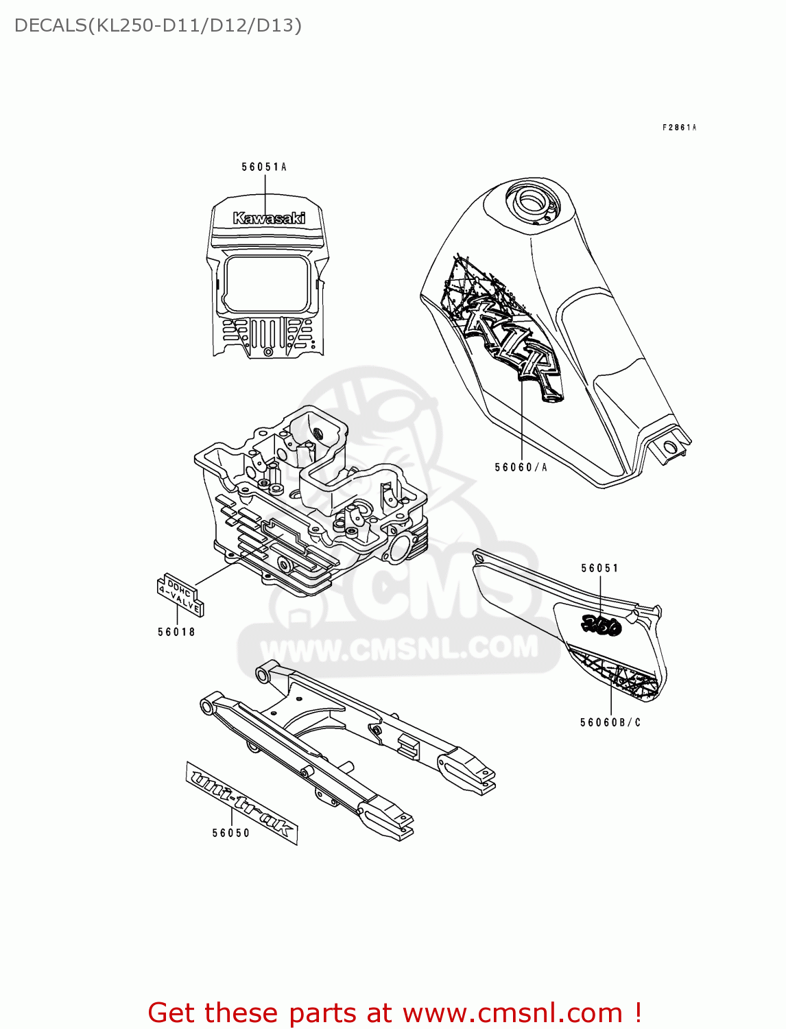 DECALS(KL250-D11/D12/D13) KL250D13 KLR250 1996 USA CALIFORNIA CANADA