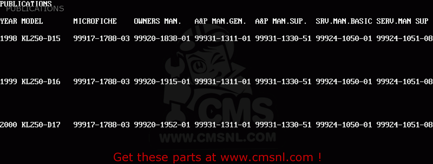 PUBLICATIONS KL250D16 KLR250 1999 USA CALIFORNIA CANADA