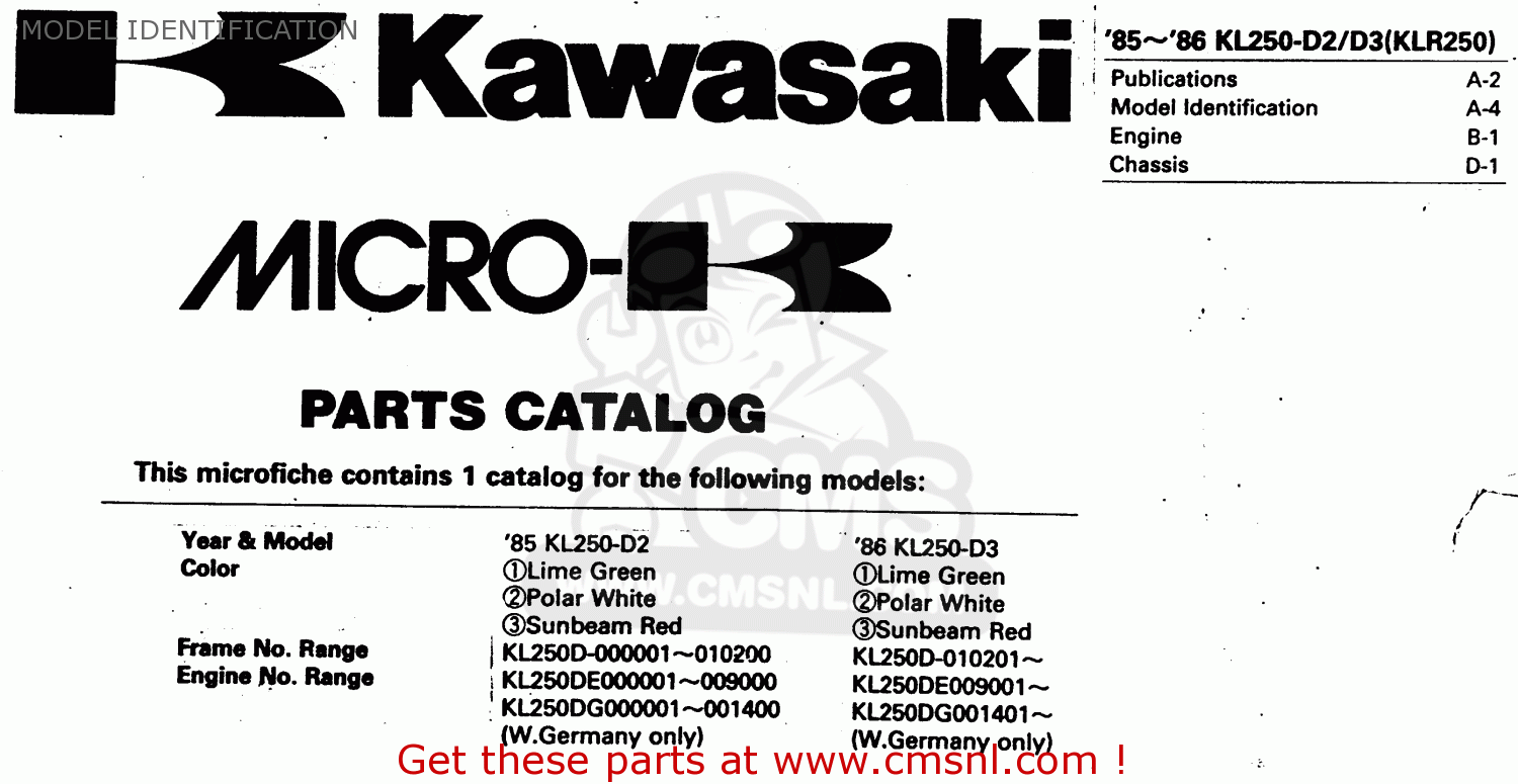 MODEL IDENTIFICATION KL250D2 1985 EUROPE UK FR GR IT SD ST