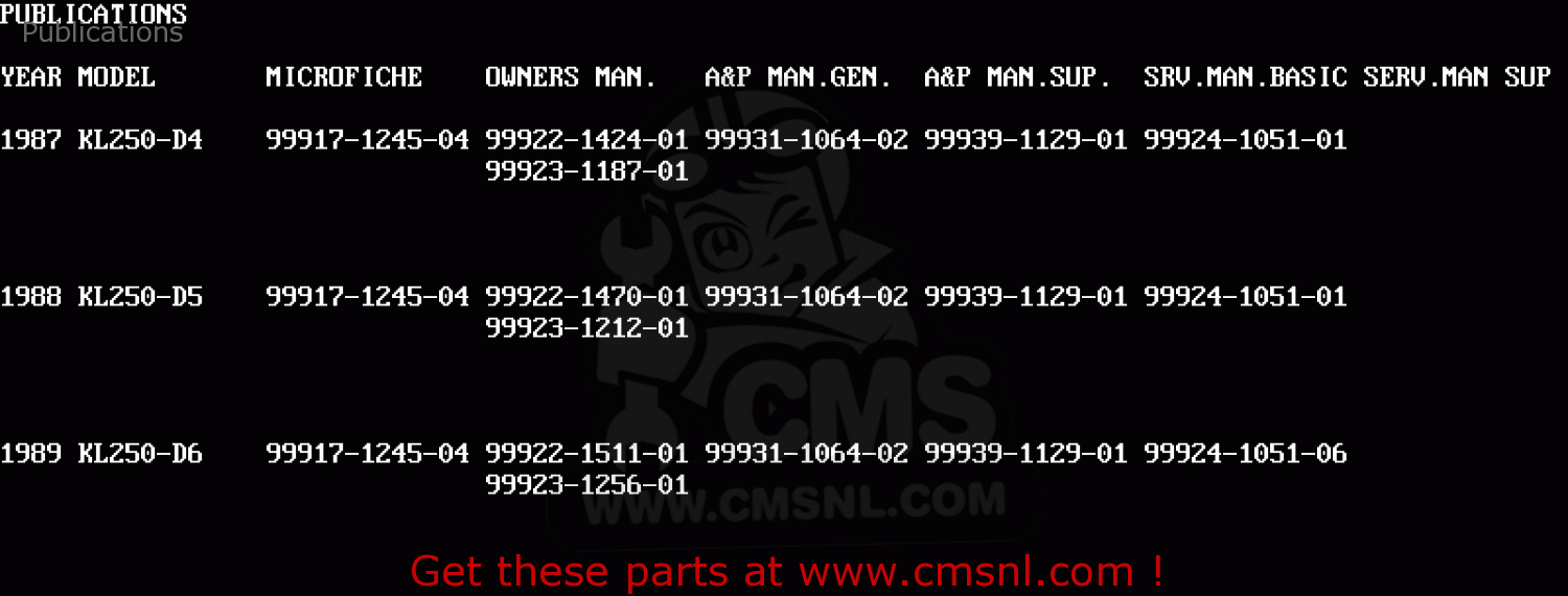 Publications KL250D6 KLR250 1989 EUROPE UK FG GR NR ST