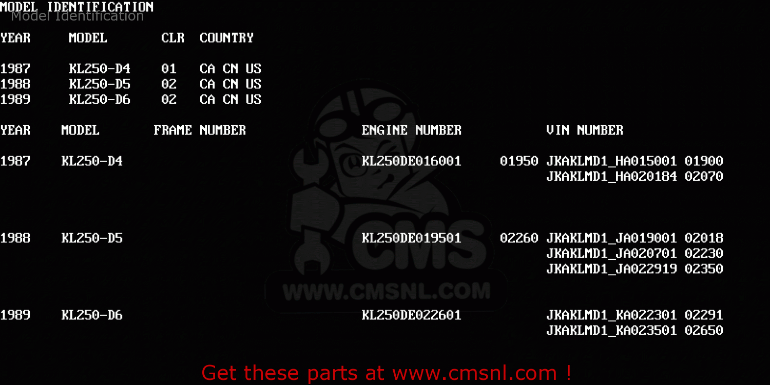 Model Identification KL250D6 KLR250 1989 USA CALIFORNIA CANADA