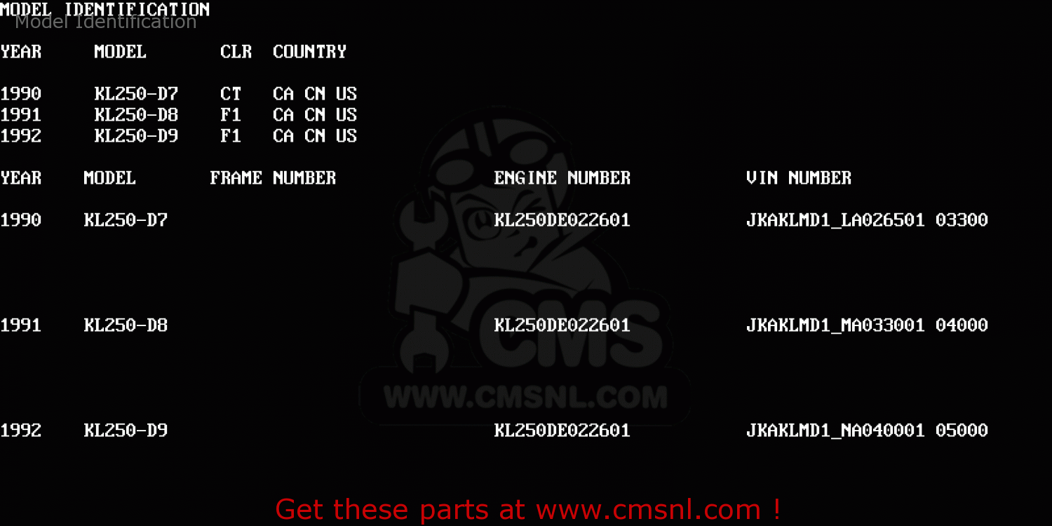 Model Identification KL250D7 KLR250 1990 USA CALIFORNIA CANADA