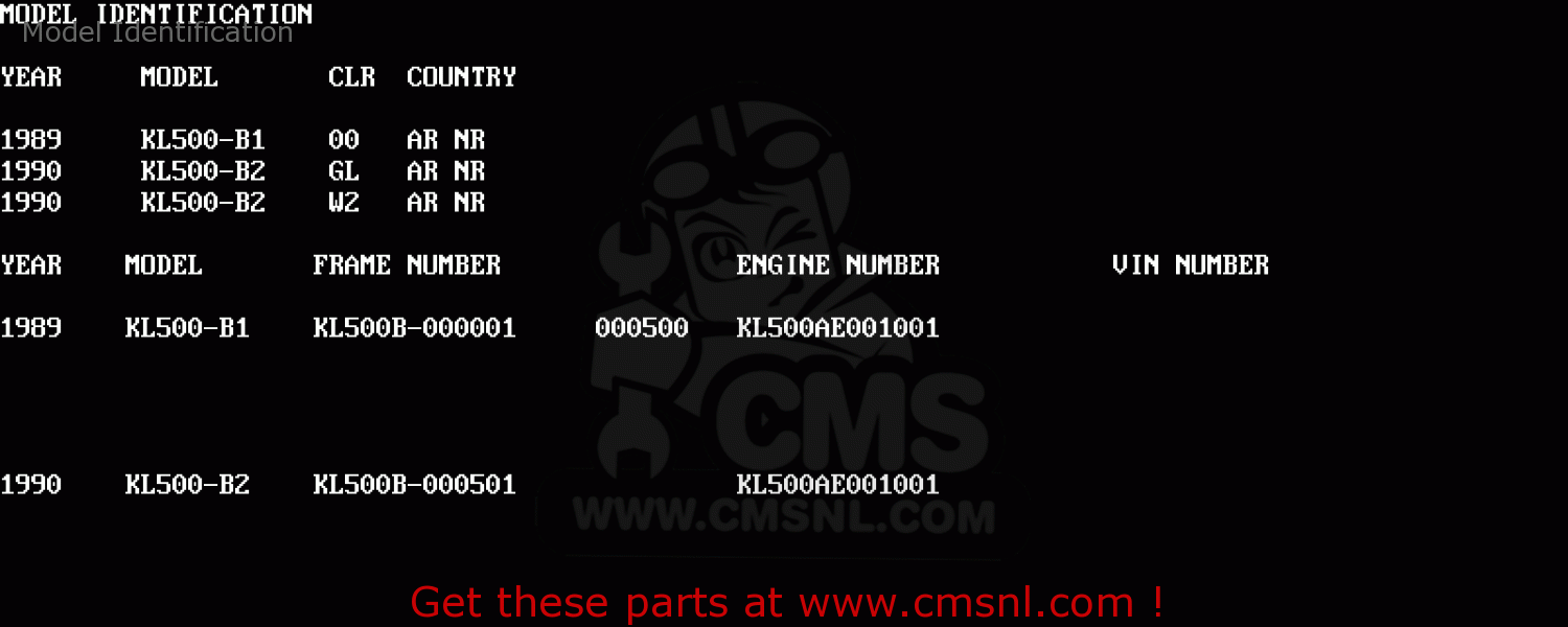Model Identification KL500-B2 TENGAI 1990 AR NR