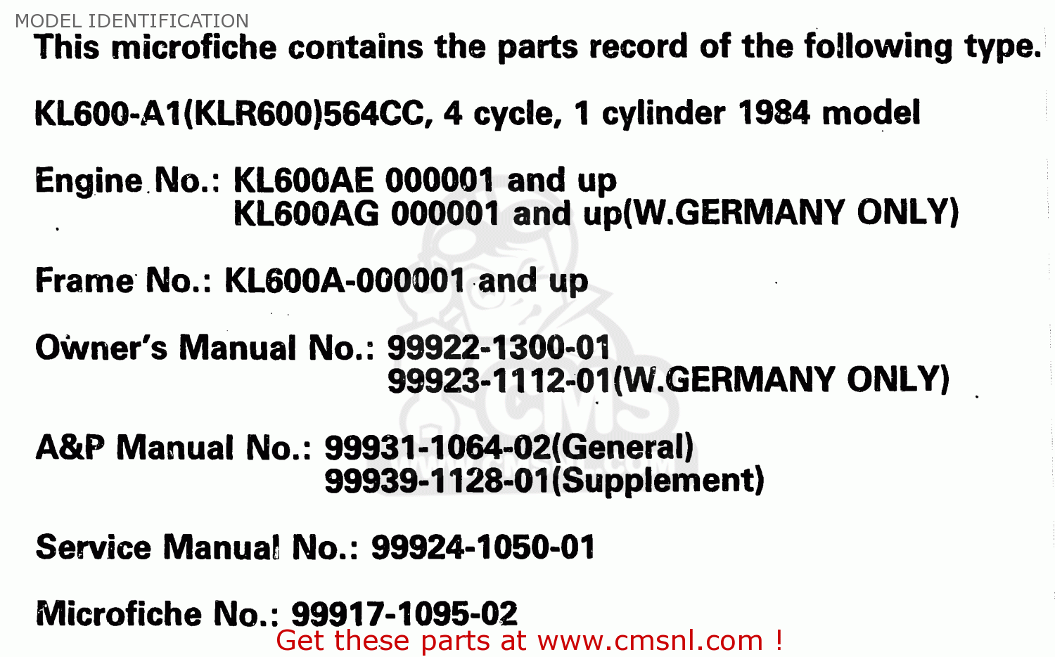 MODEL IDENTIFICATION KL600A1 1984 EUROPE UK FR GR IT SD ST WG