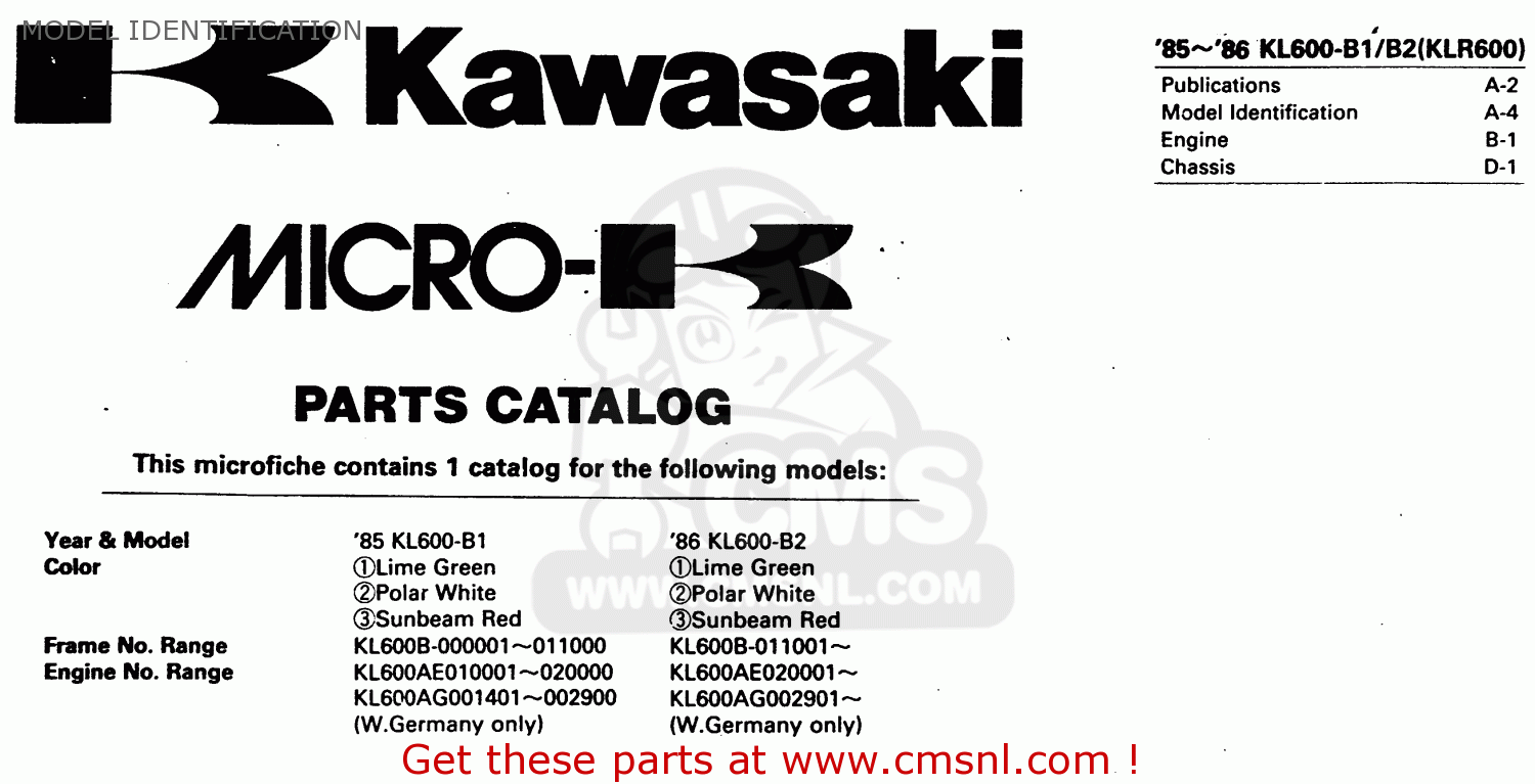 MODEL IDENTIFICATION KL600B1 1985 EUROPE UK FR GR IT NR SD WK