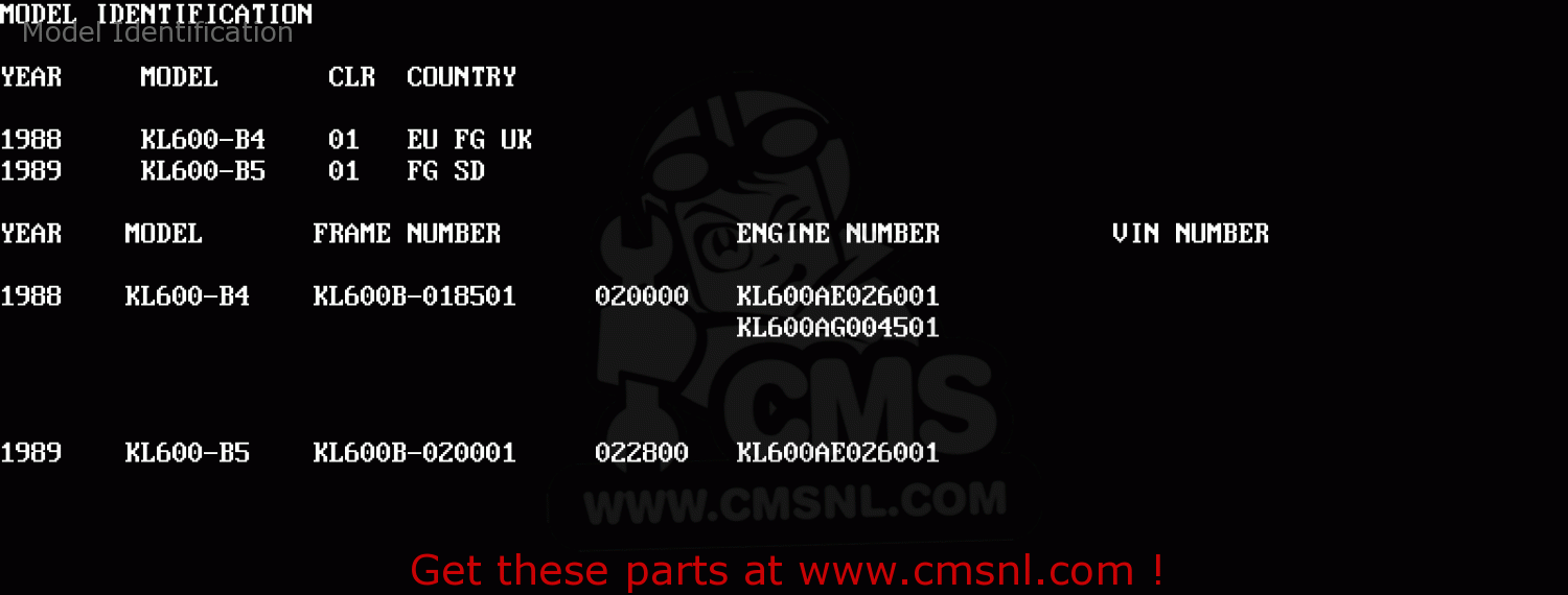 Model Identification KL600B4 KLR600 1988 EUROPE UK FG