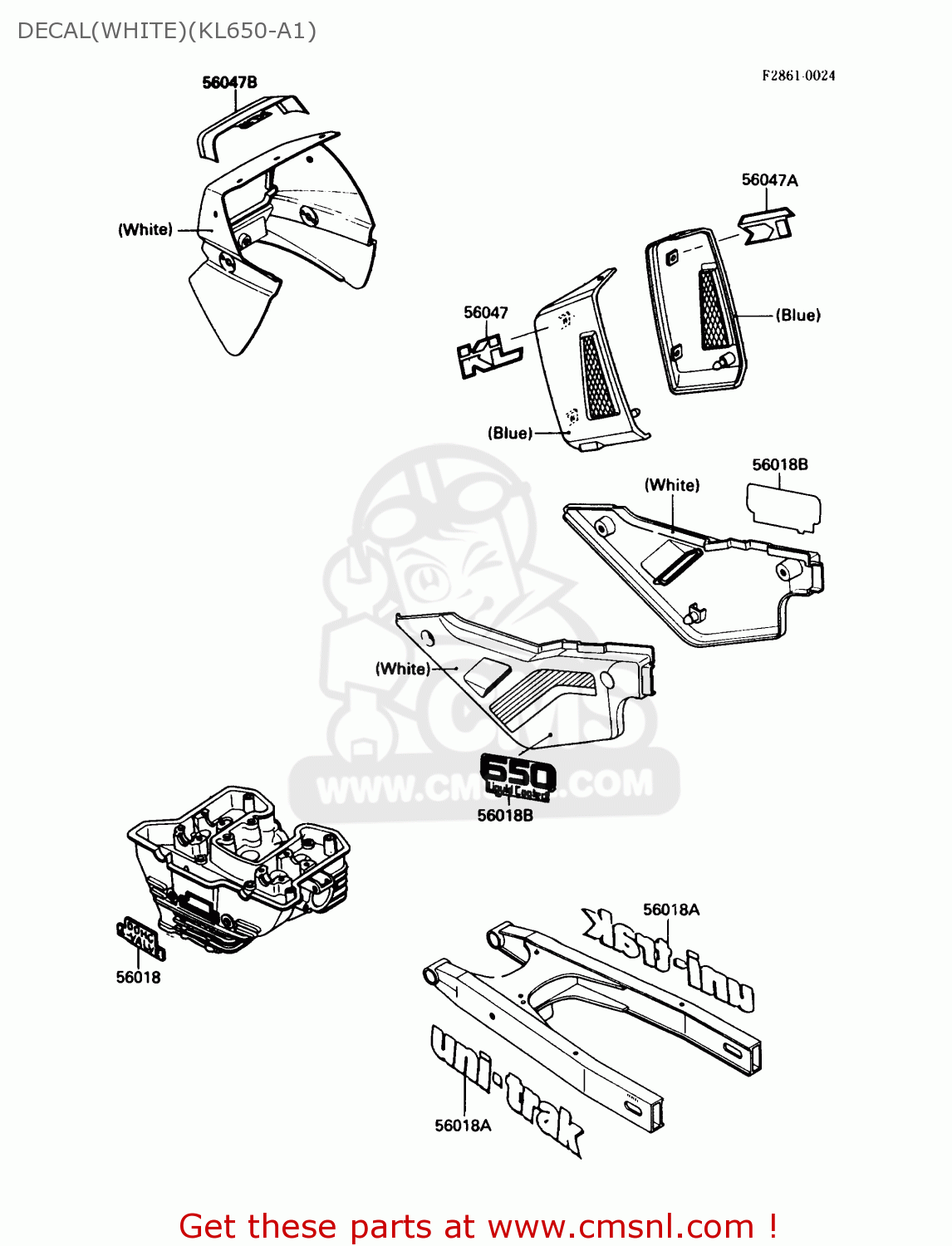 DECAL(WHITE)(KL650-A1) KL650A1 KLR650 1987 USA CALIFORNIA CANADA
