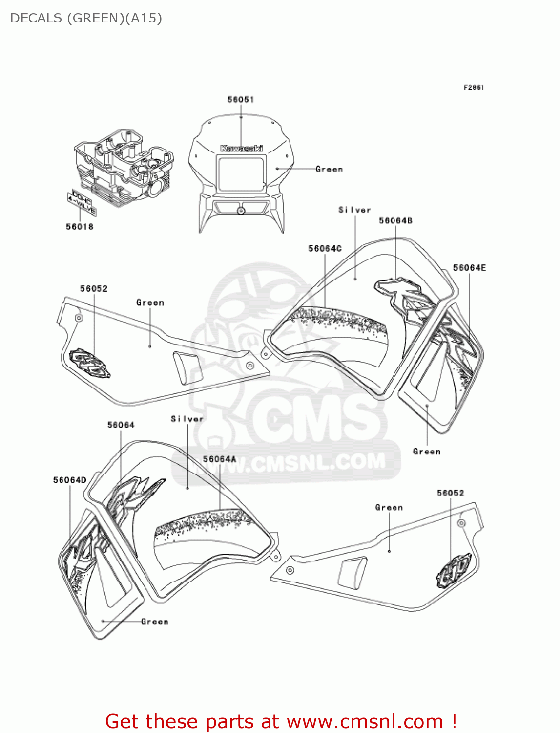 DECALS (GREEN)(A15) KL650A15 KLR650 2001 USA CALIFORNIA CANADA