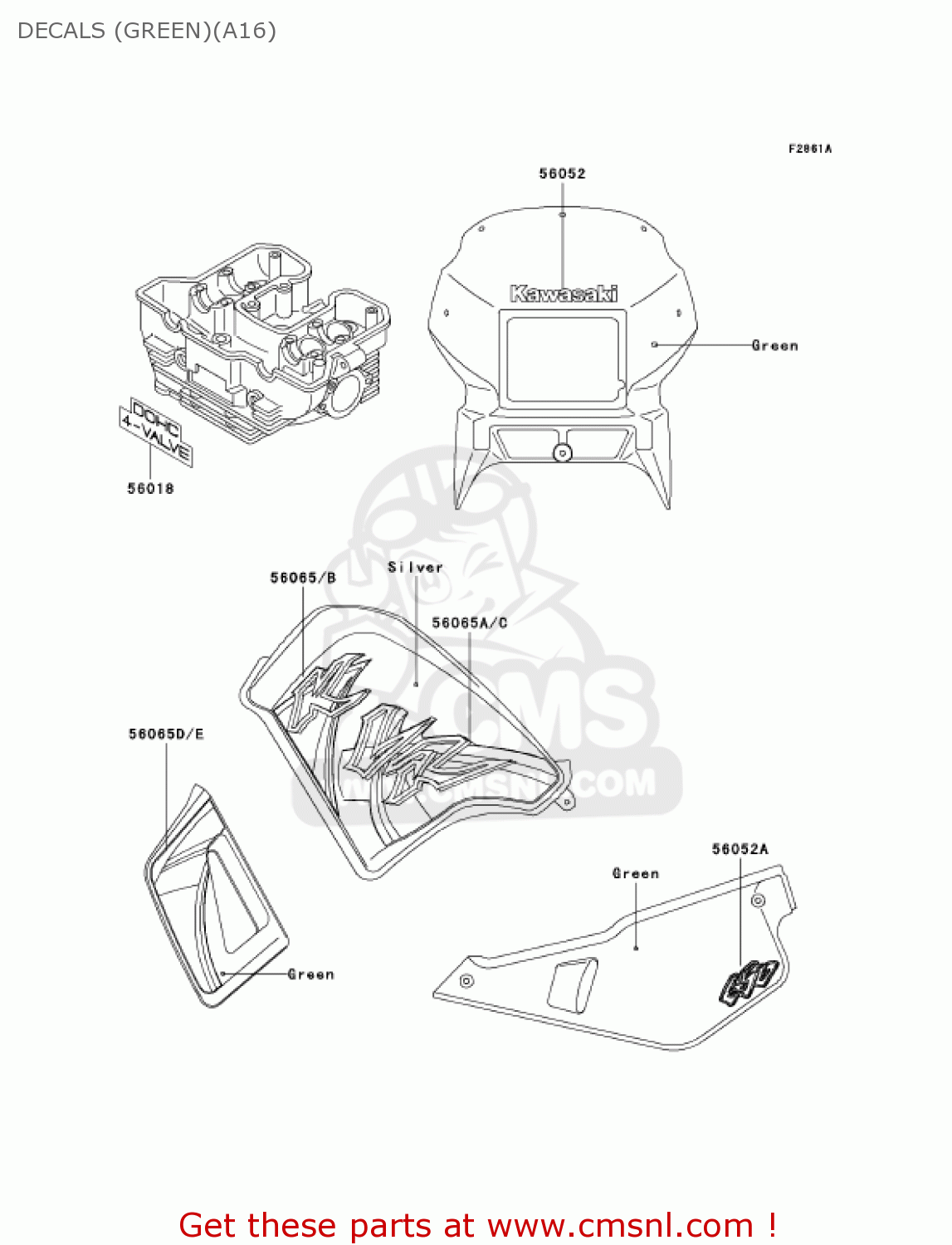 DECALS (GREEN)(A16) KL650A16 KLR650 2002 USA CALIFORNIA CANADA