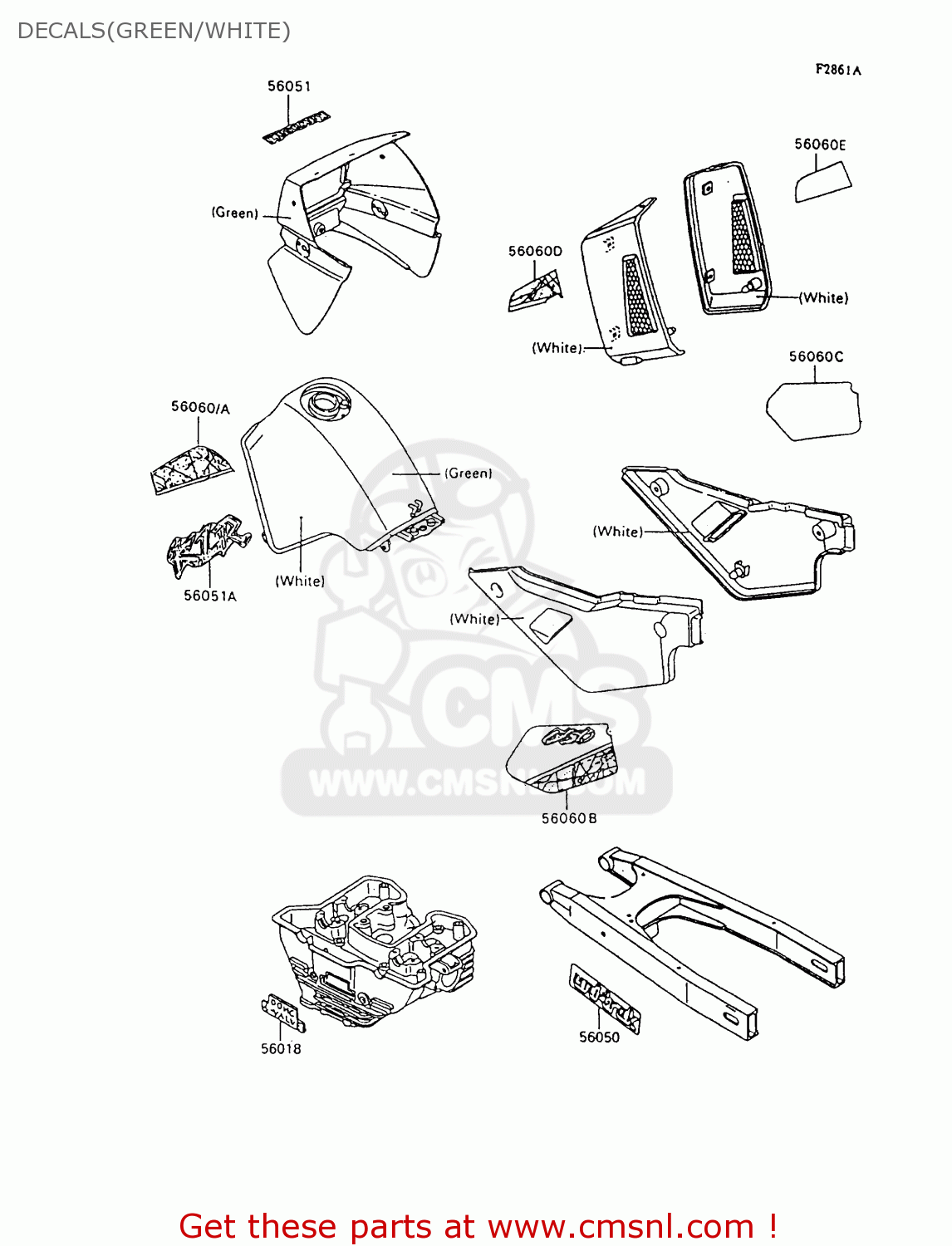 DECALS(GREEN/WHITE) KL650A8 KLR650 1994 USA CALIFORNIA CANADA