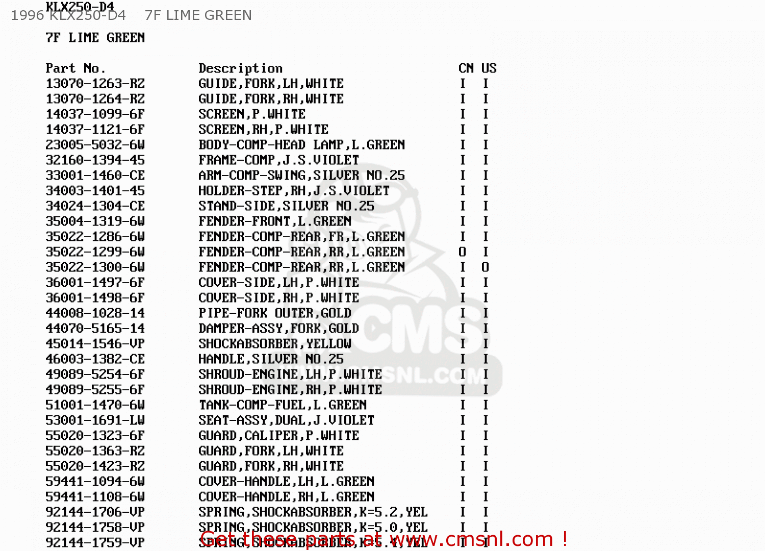 1996 KLX250-D4    7F LIME GREEN KLX250D2 KLXR 1994 USA