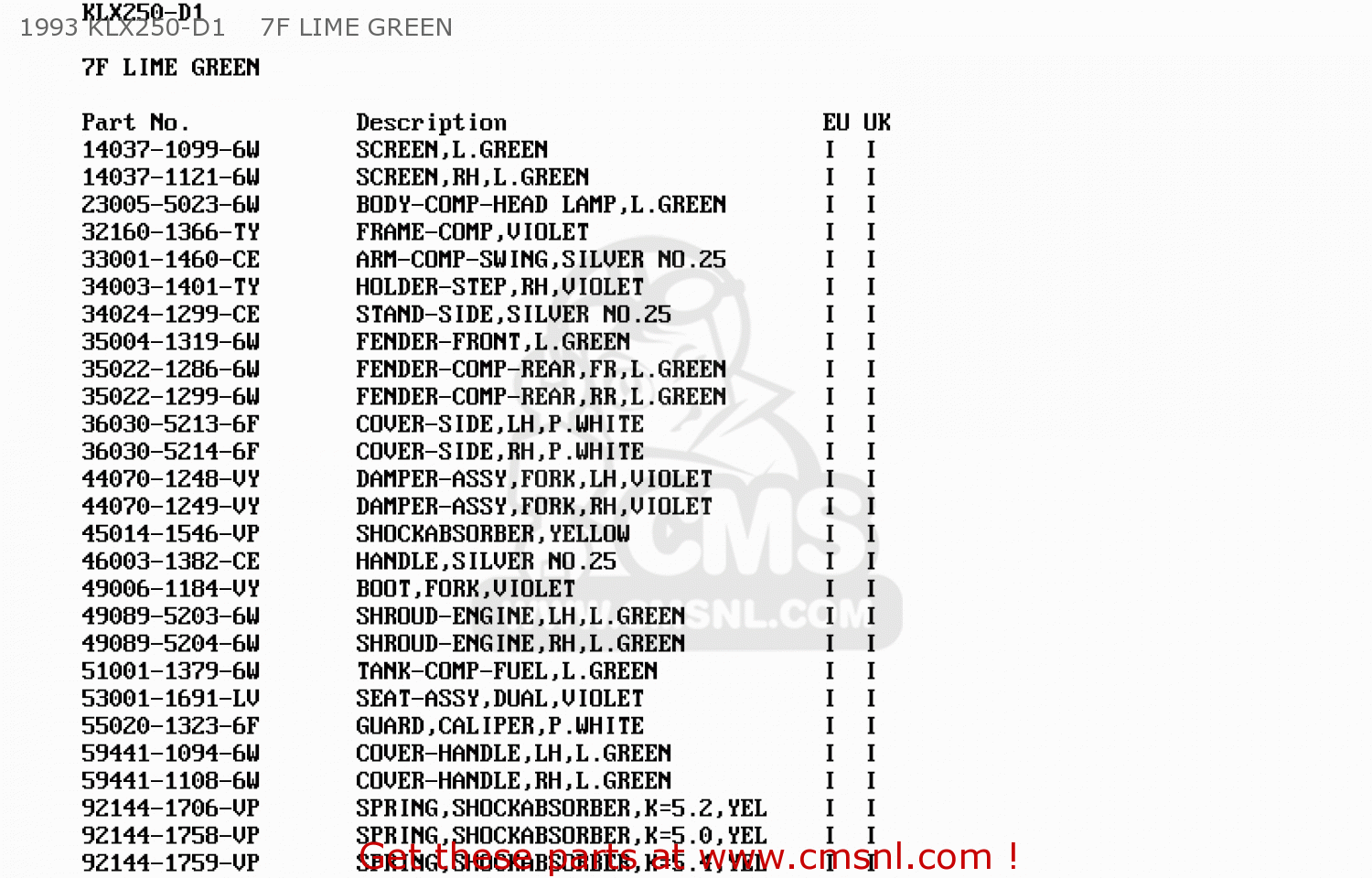 1993 KLX250-D1    7F LIME GREEN KLX250D3 KLX250R 1995 EUROPE UK FR