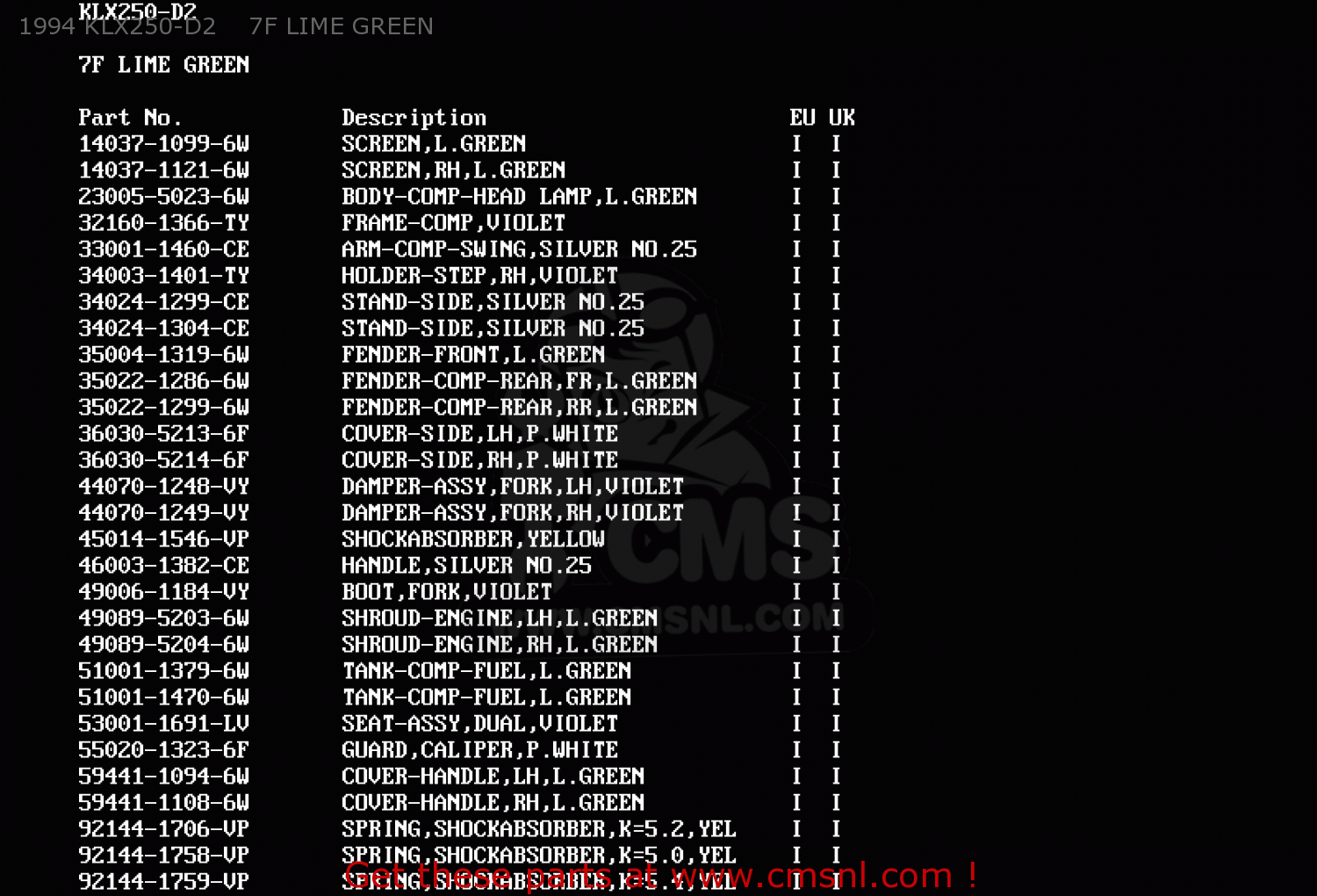 1994 KLX250-D2    7F LIME GREEN KLX250D3 KLX250R 1995 EUROPE UK FR