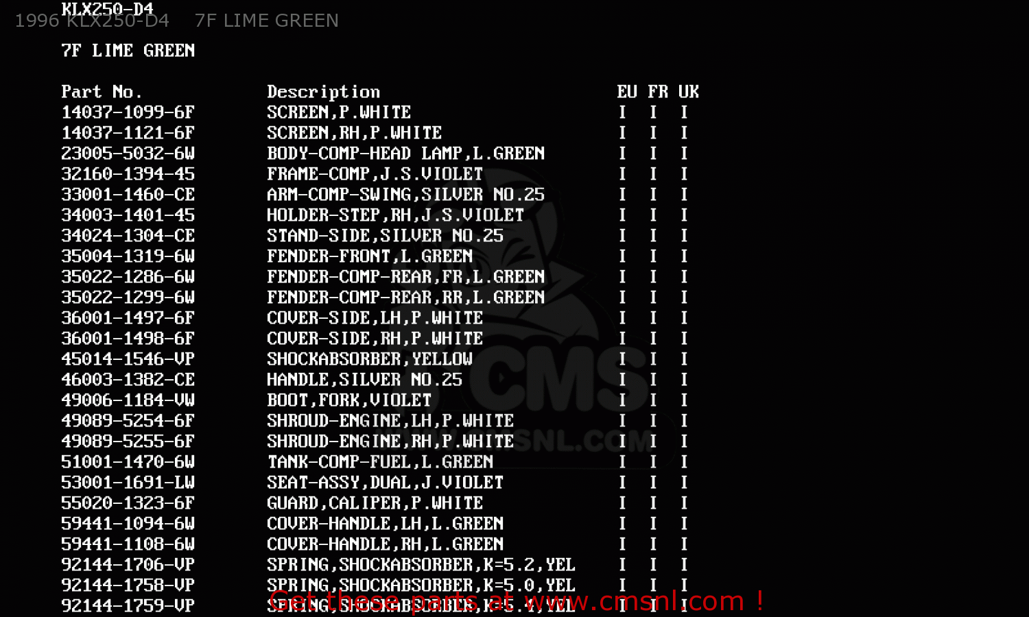 1996 KLX250-D4    7F LIME GREEN KLX250D3 KLX250R 1995 EUROPE UK FR