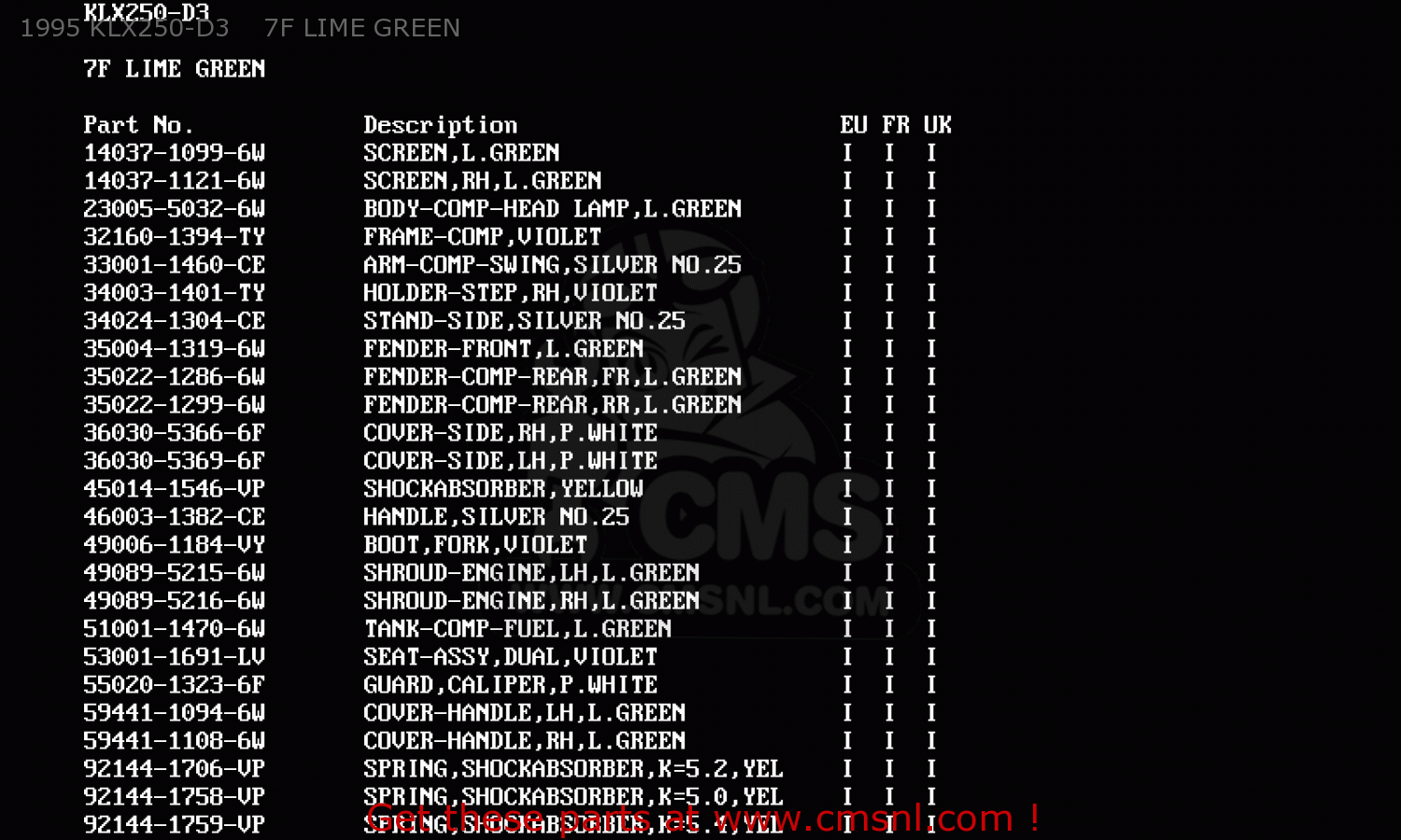 1995 KLX250-D3    7F LIME GREEN KLX250D4 KLX250R 1996 EUROPE UK FR