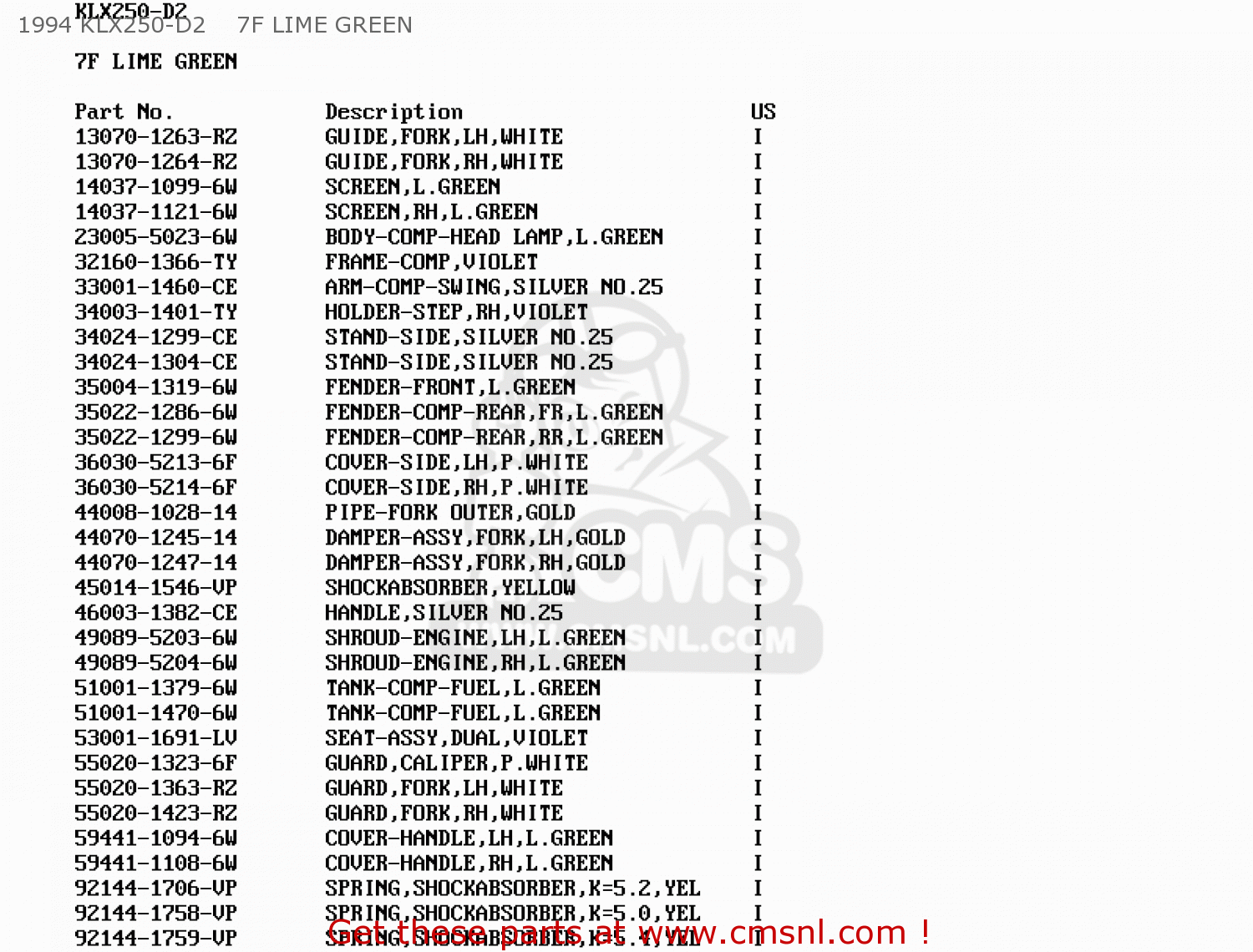 1994 KLX250-D2    7F LIME GREEN KLX250D4 KLXR 1996 USA CANADA