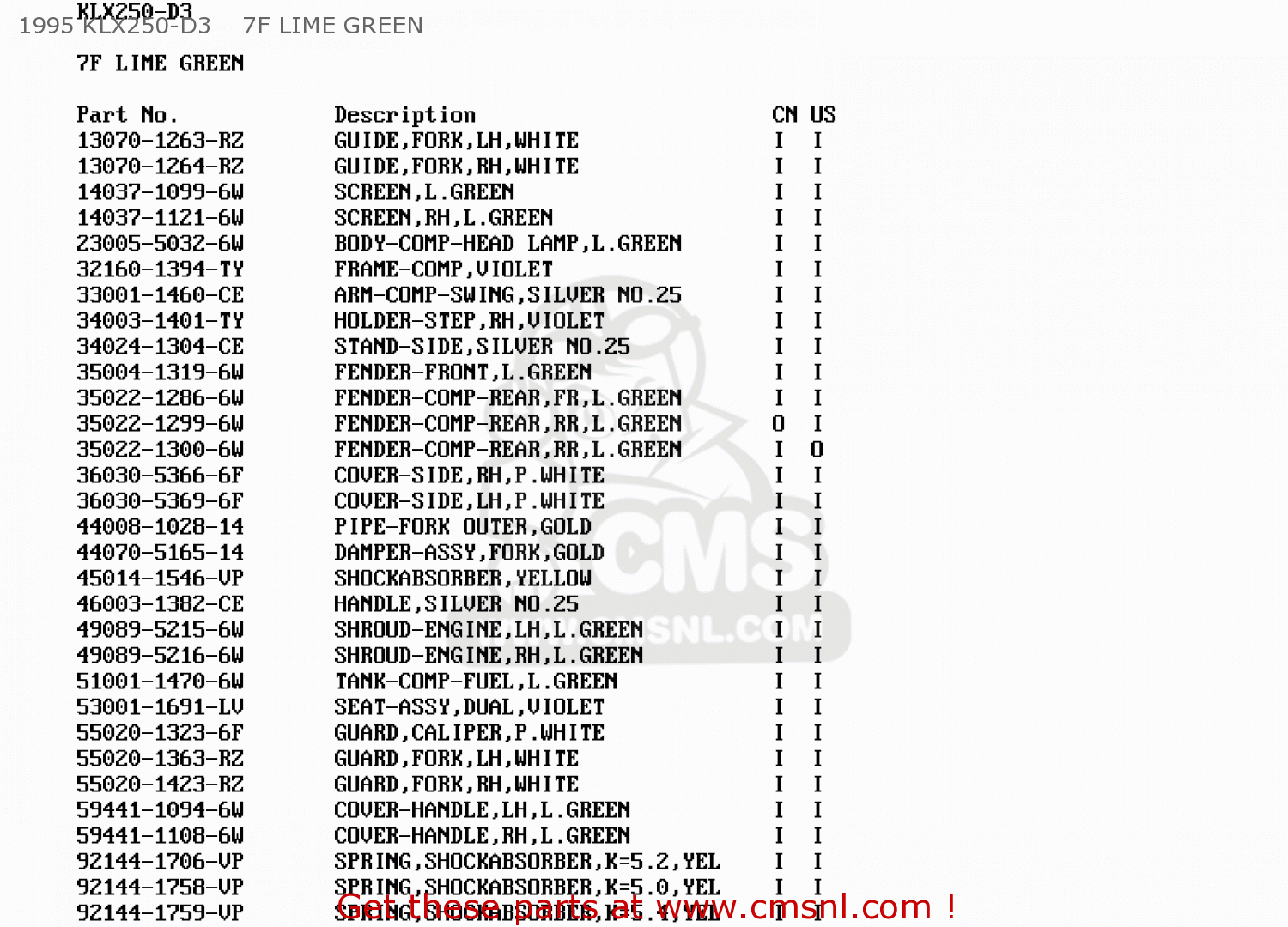 1995 KLX250-D3    7F LIME GREEN KLX250D4 KLXR 1996 USA CANADA