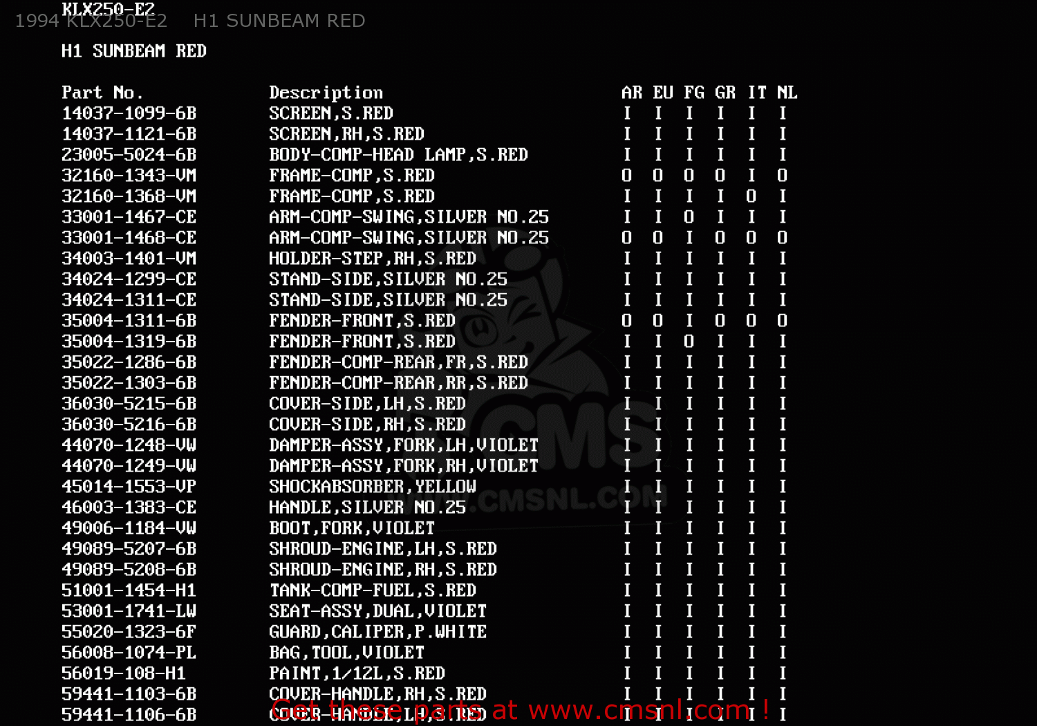 1994 KLX250-E2    H1 SUNBEAM RED KLX250E1 1993 NETHERLANDS AR FG GR IT NR ST