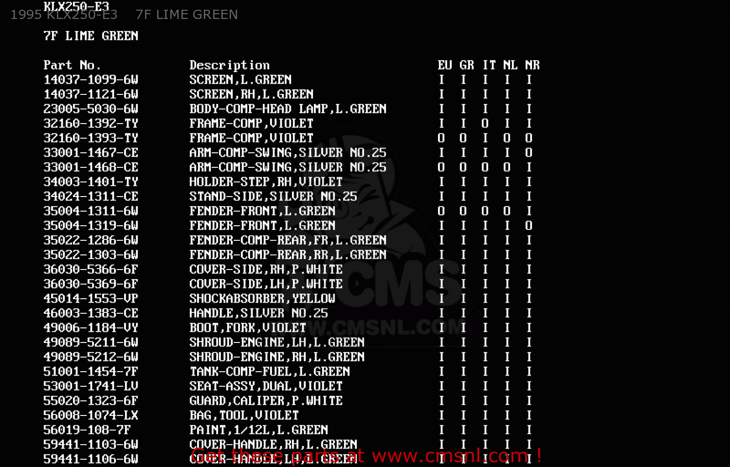 1995 KLX250-E3    7F LIME GREEN KLX250E1 1993 NETHERLANDS AR FG GR IT NR ST