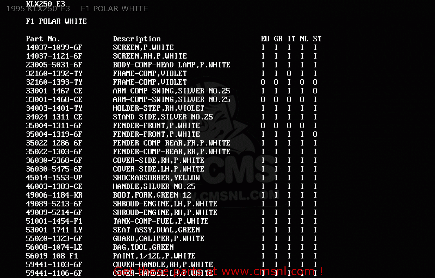 1995 KLX250-E3    F1 POLAR WHITE KLX250E1 1993 NETHERLANDS AR FG GR IT NR ST