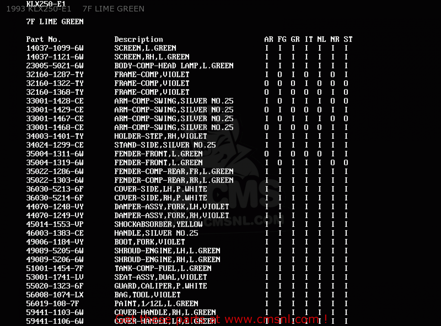 1993 KLX250-E1    7F LIME GREEN KLX250E3 1995 EUROPE NL GR IT ST