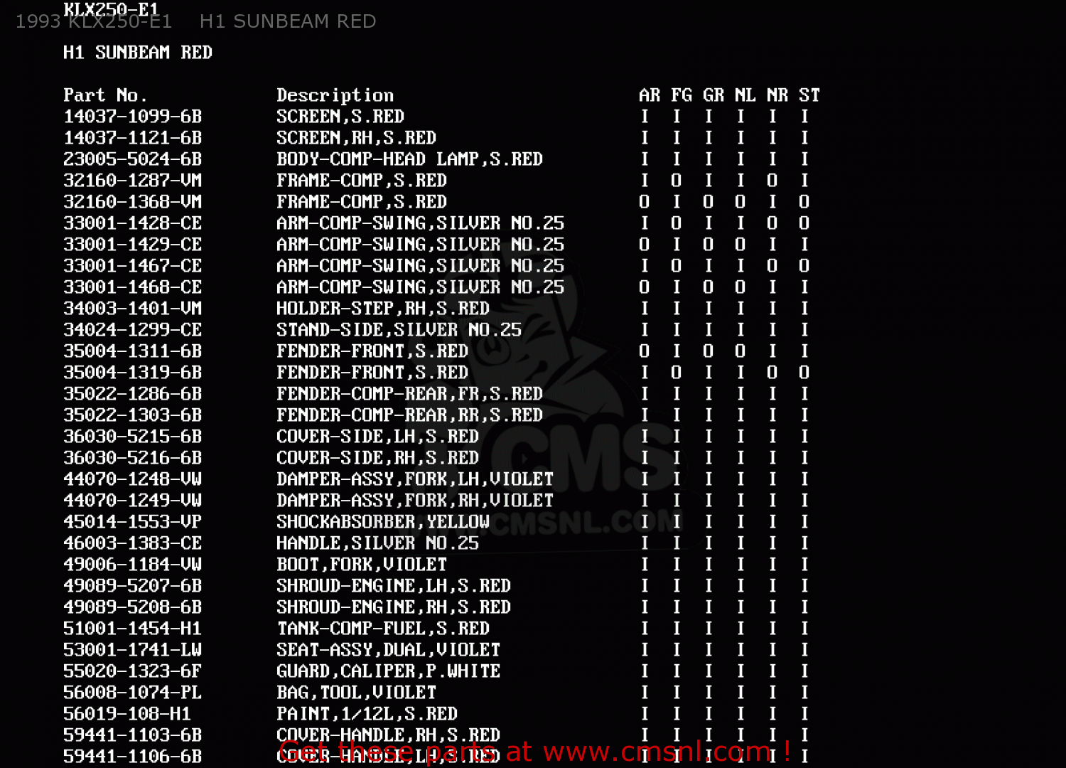 1993 KLX250-E1    H1 SUNBEAM RED KLX250E3 1995 EUROPE NL GR IT ST