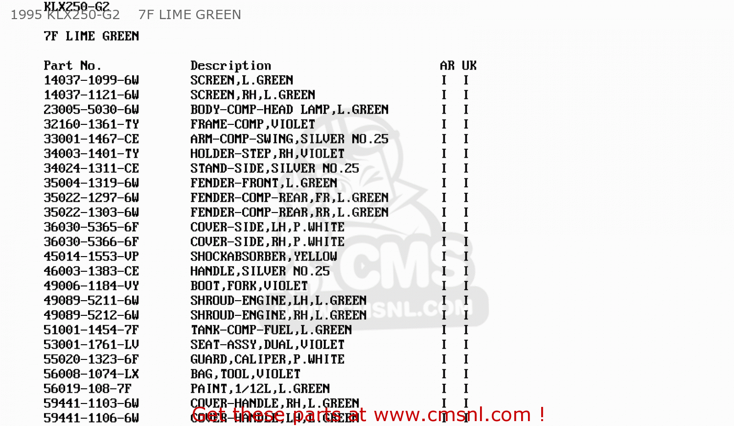 1995 KLX250-G2    7F LIME GREEN KLX250G1 1994 UNITED KINGDOM ST