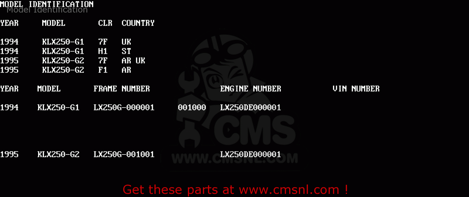 Model Identification KLX250G1 1994 UNITED KINGDOM ST