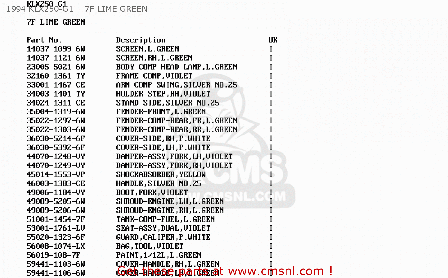1994 KLX250-G1    7F LIME GREEN KLX250G2 1995 UNITED KINGDOM AR