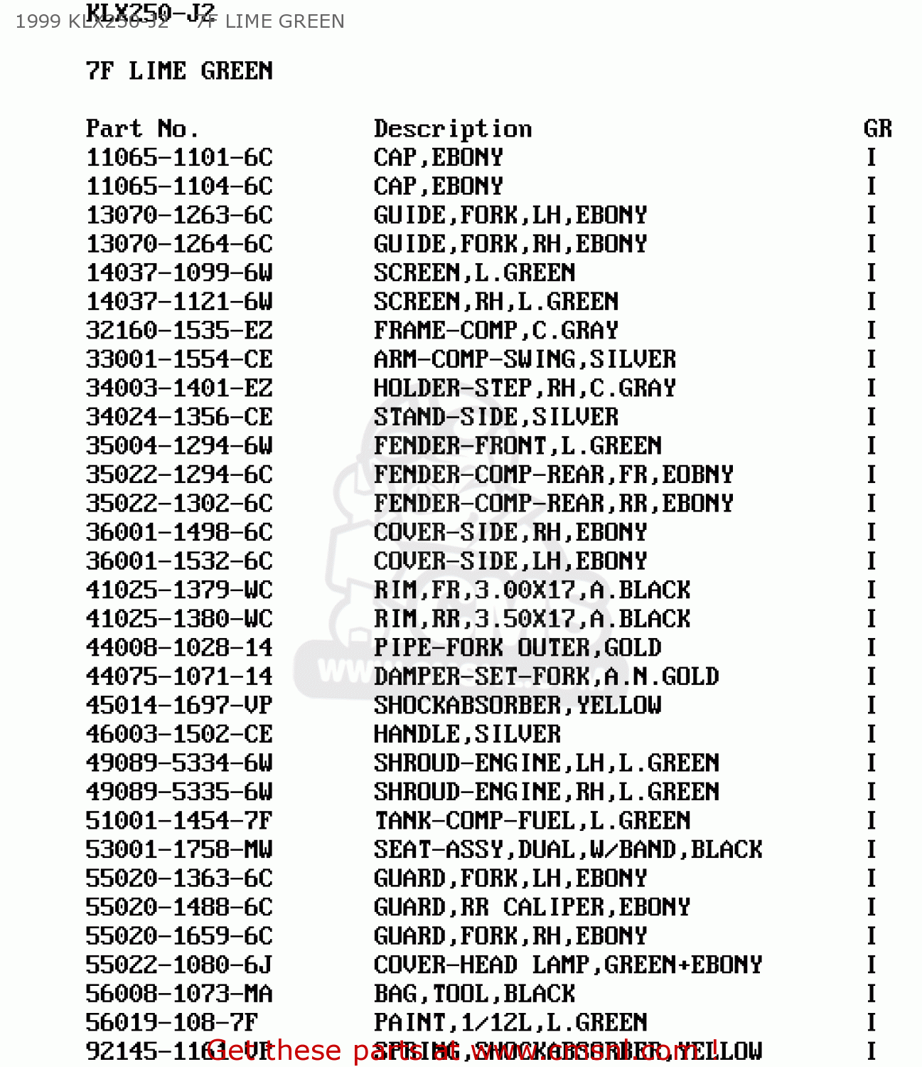 1999 KLX250-J2    7F LIME GREEN KLX250J2 DTRACKER 1999 GREECE