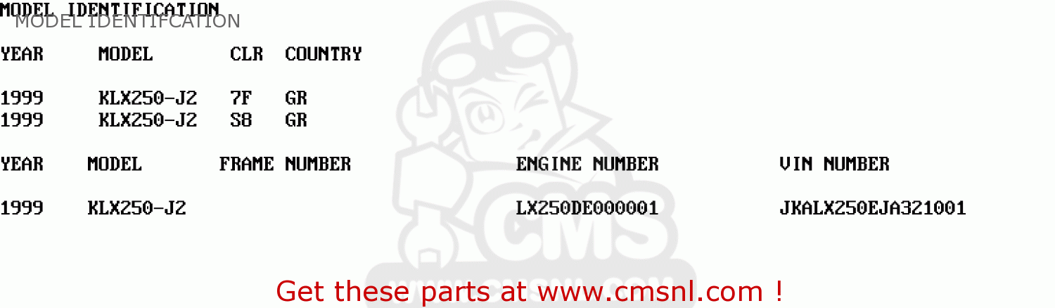 MODEL IDENTIFCATION KLX250J2 DTRACKER 1999 GREECE