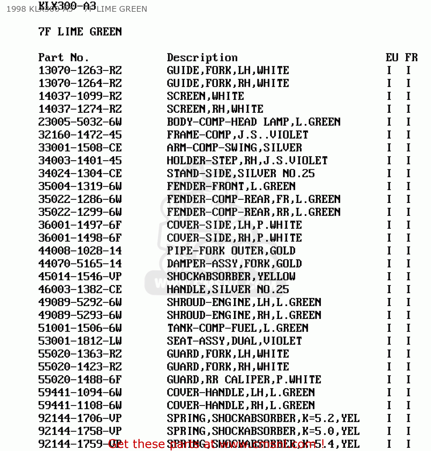 Kawasaki KLX300A2 KLX300R 1997 EUROPE FR 1998 KLX300-A3 7F LIME GREEN ...