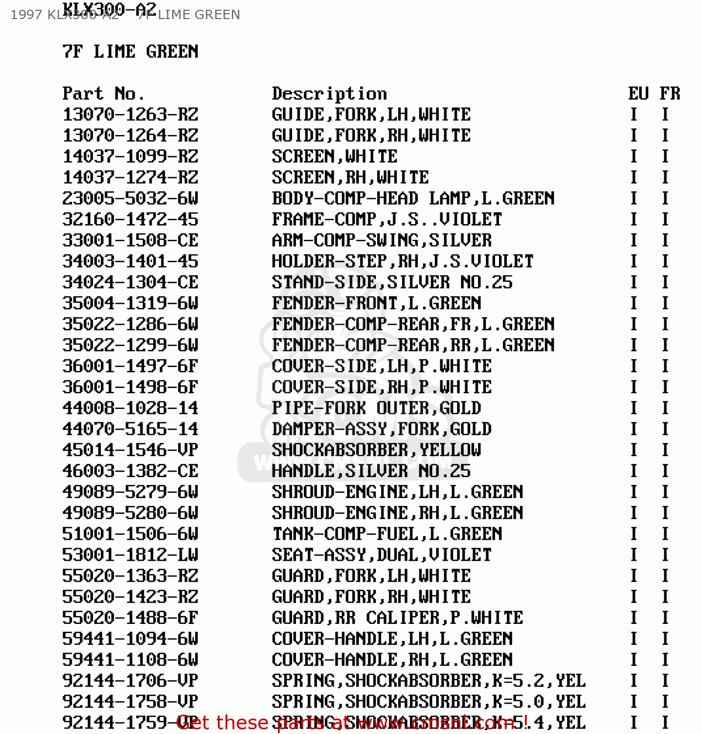 1997 KLX300-A2    7F LIME GREEN KLX300A2 KLX300R 1997 EUROPE FR
