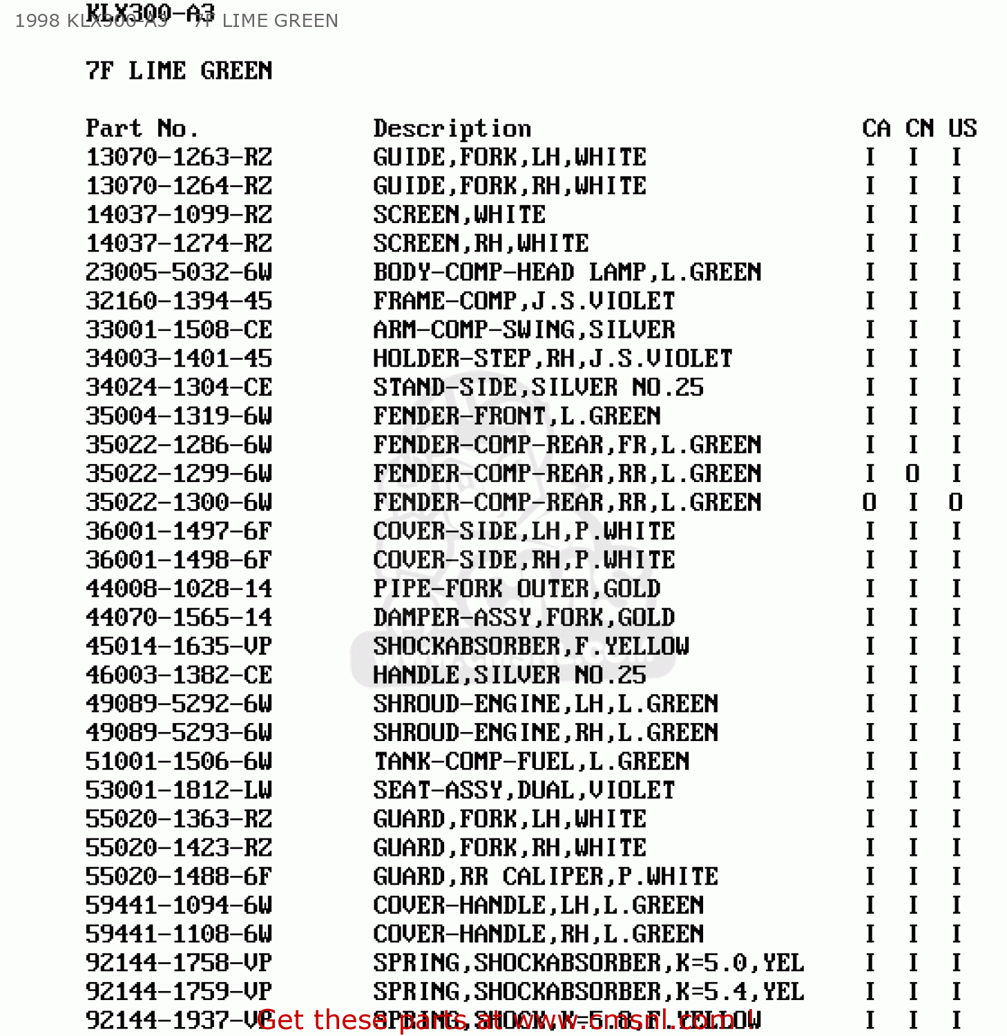 1998 KLX300-A3    7F LIME GREEN KLX300A2 KLX300R 1997 USA CANADA