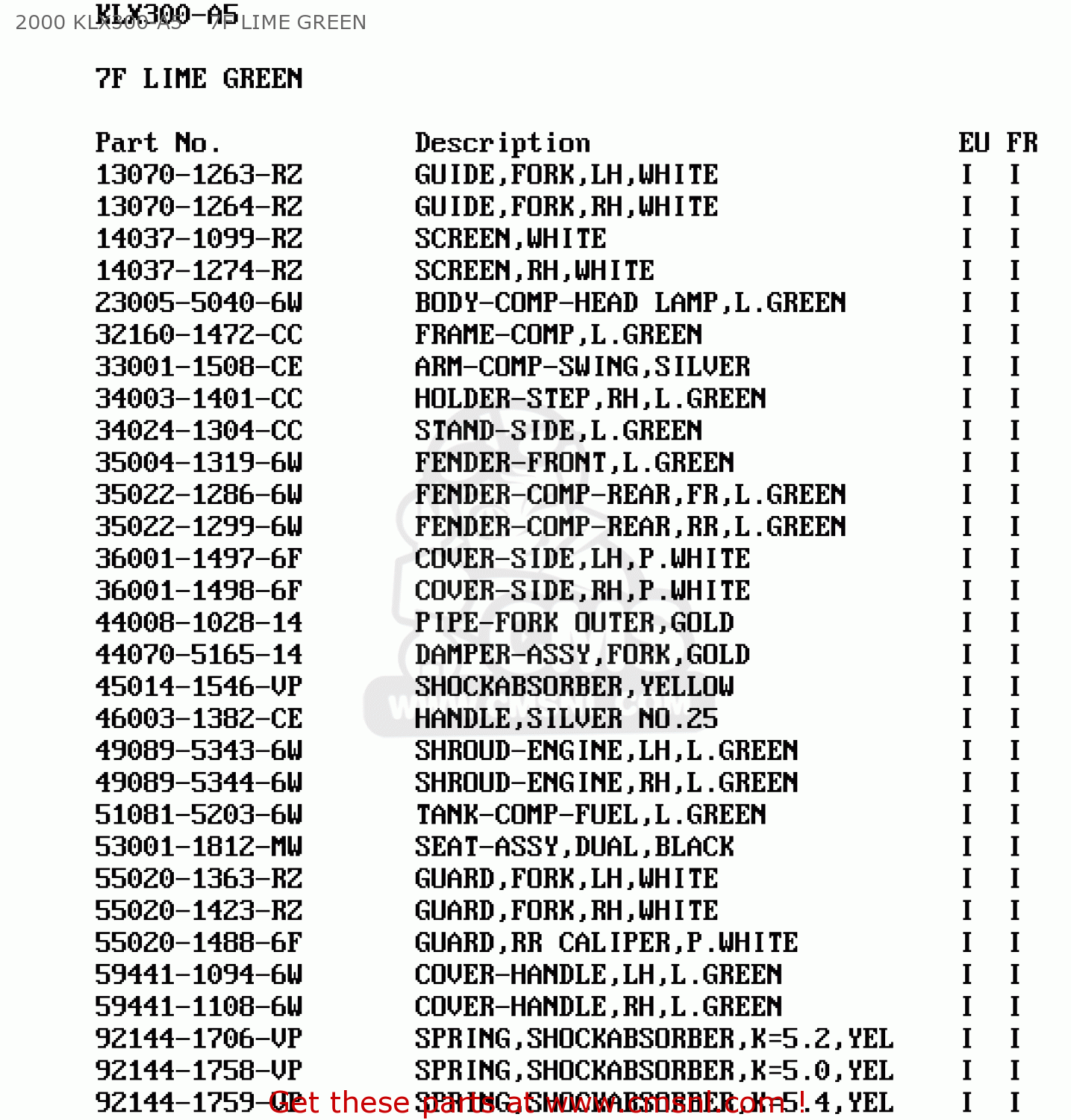 2000 KLX300-A5    7F LIME GREEN KLX300A3 KLX300R 1998 EUROPE FR