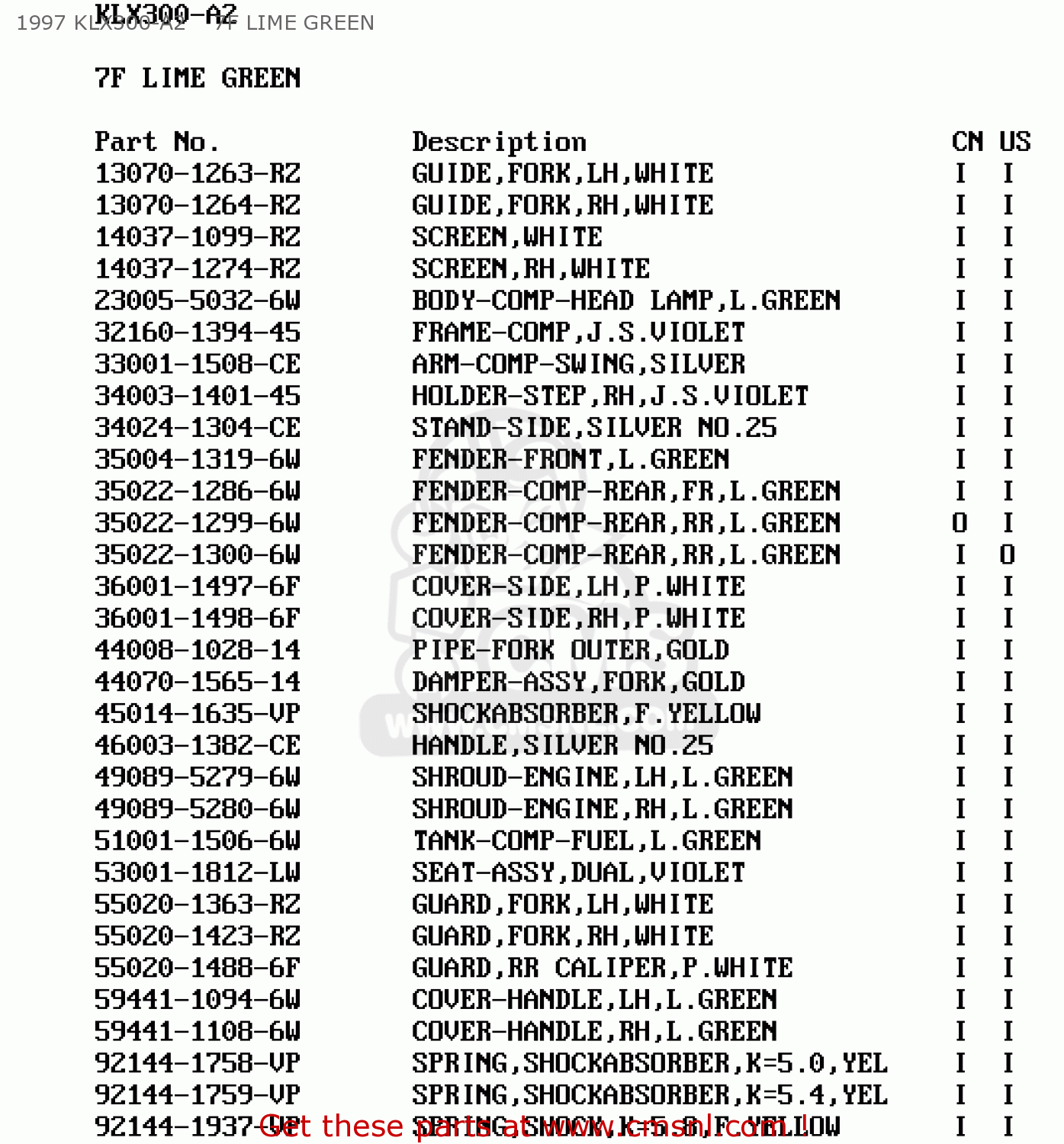 1997 KLX300-A2    7F LIME GREEN KLX300A3 KLX300R 1998 USA CALIFORNIA CANADA