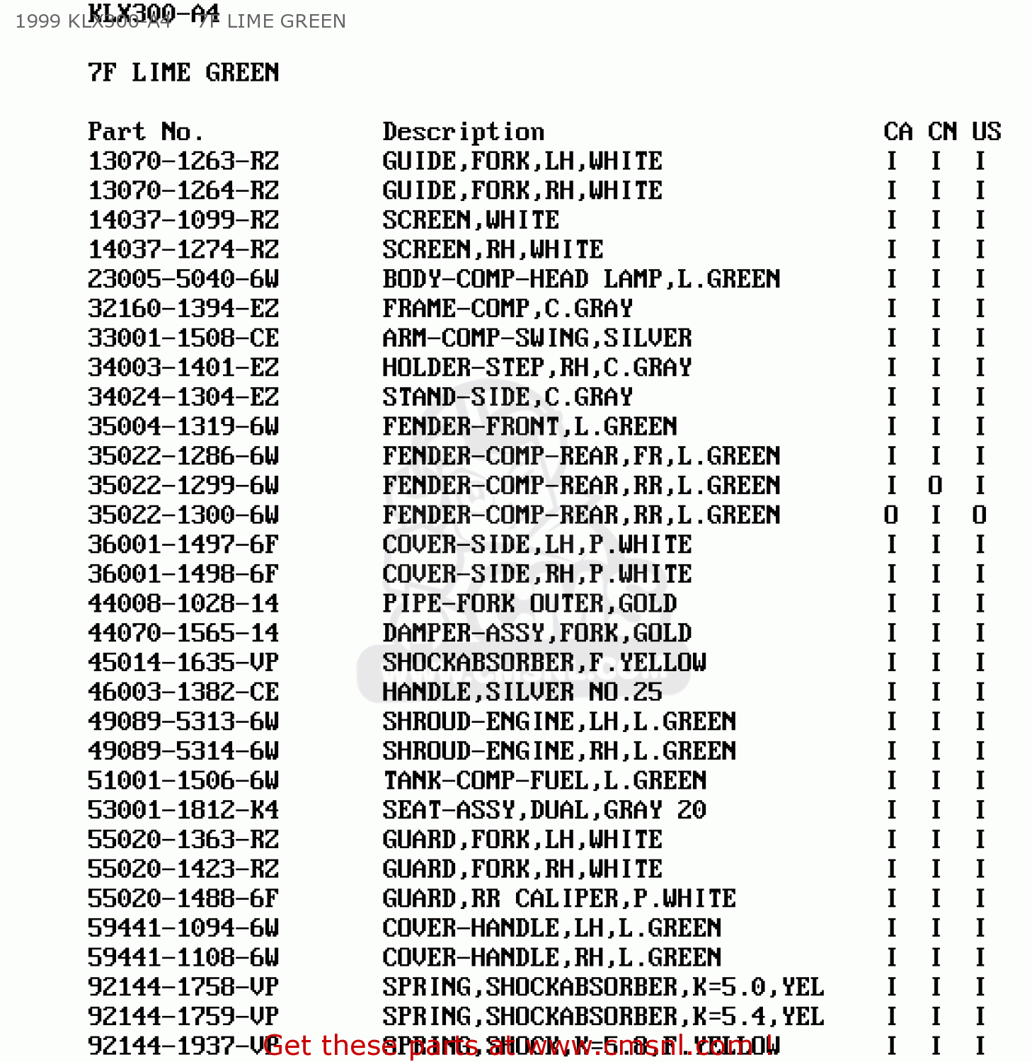 1999 KLX300-A4    7F LIME GREEN KLX300A3 KLX300R 1998 USA CALIFORNIA CANADA