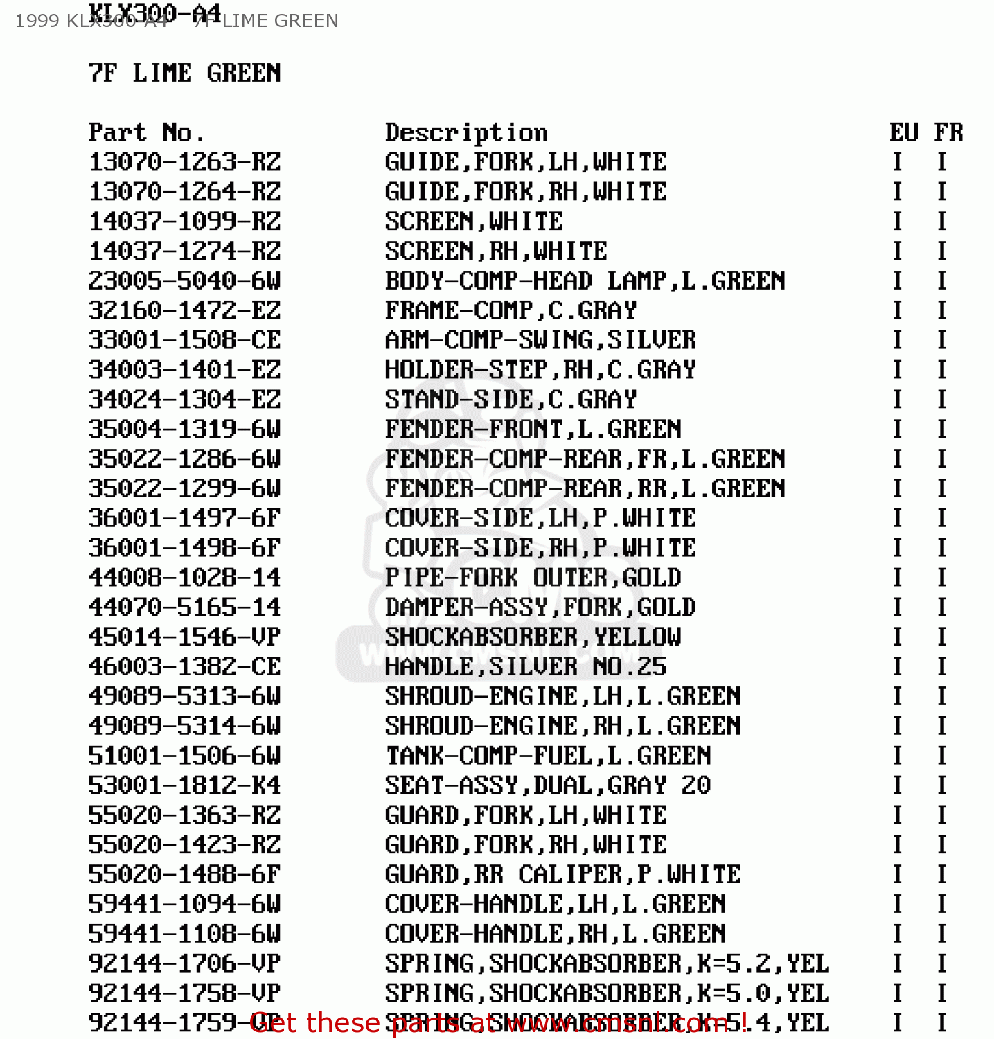 1999 KLX300-A4    7F LIME GREEN KLX300A4 KLX300R 1999 EUROPE FR