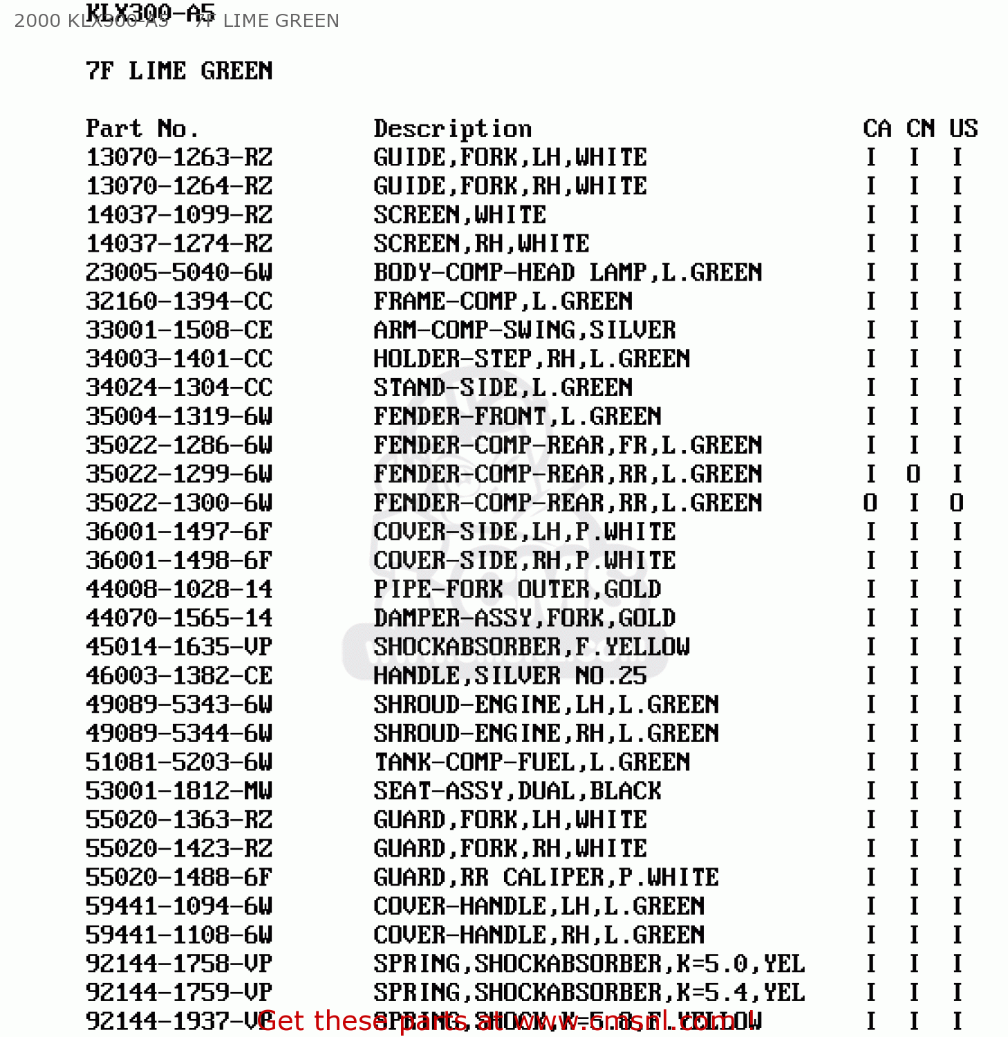 2000 KLX300-A5    7F LIME GREEN KLX300A4 KLX300R 1999 USA CALIFORNIA CANADA