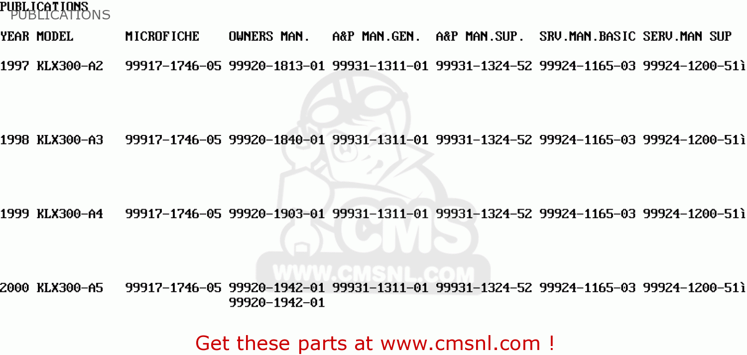 PUBLICATIONS KLX300A5 KLX300R 2000 USA CALIFORNIA CANADA