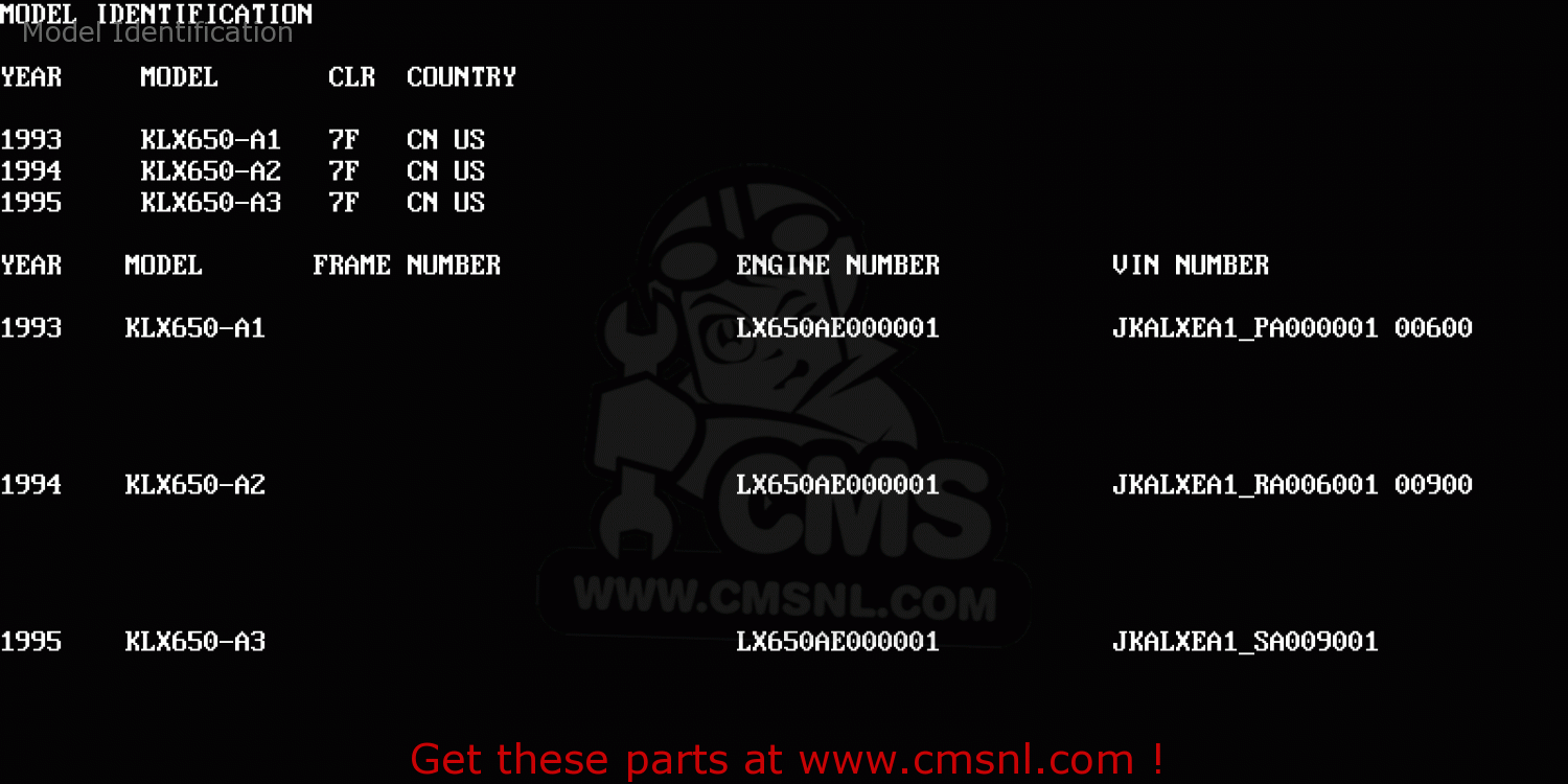 Model Identification KLX650A1 1993 USA CALIFORNIA CANADA