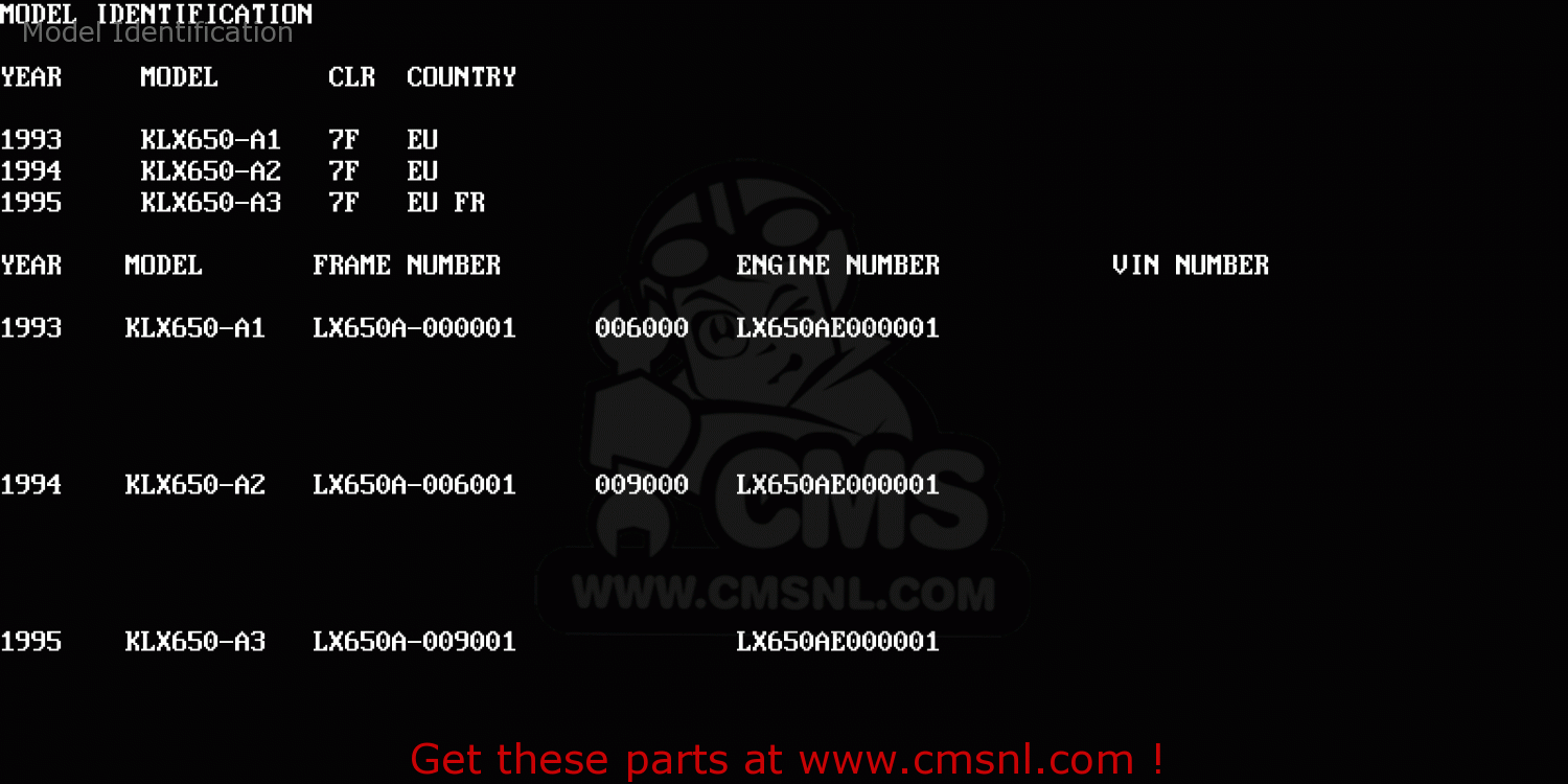 Model Identification KLX650A1 KLX650R 1993 EUROPE