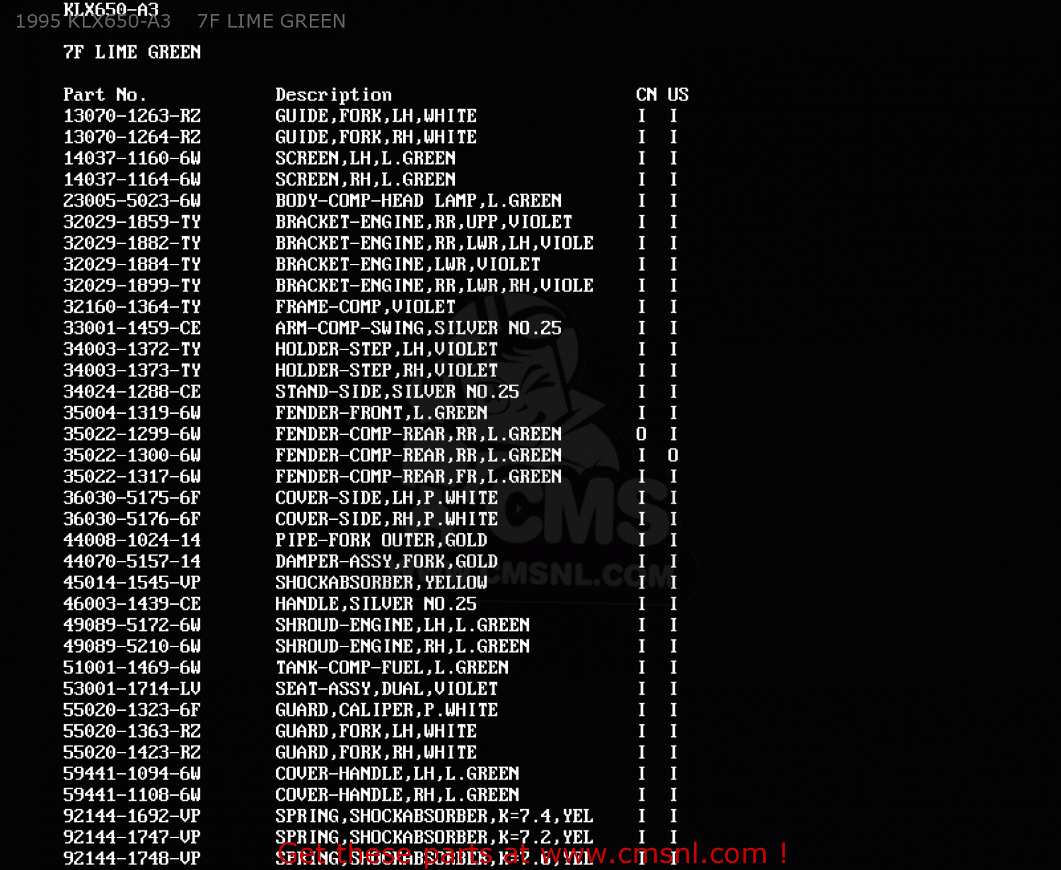 1995 KLX650-A3    7F LIME GREEN KLX650A2 1994 USA CALIFORNIA CANADA