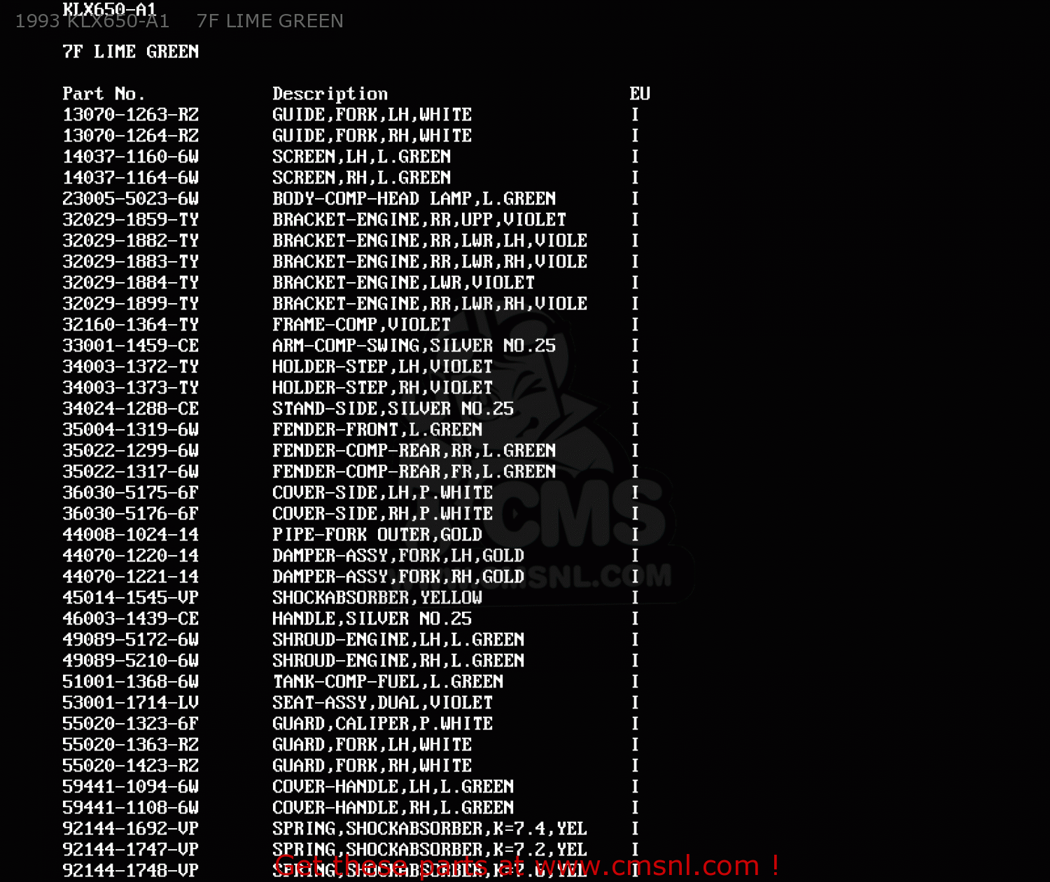 1993 KLX650-A1    7F LIME GREEN KLX650A3 KLX650R 1995 EUROPE FR