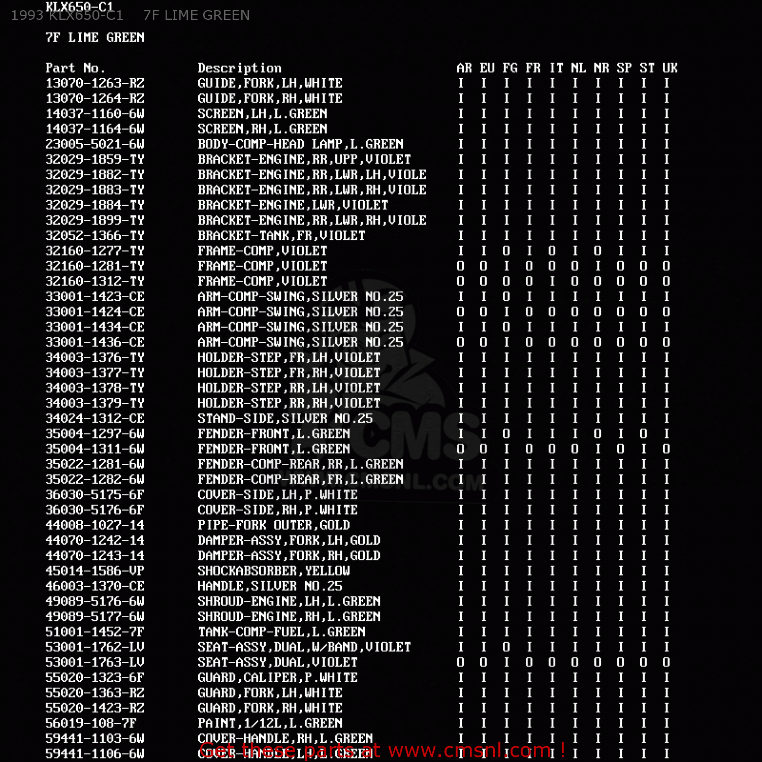 1993 KLX650-C1    7F LIME GREEN KLX650C1 1993 EUROPE UK FR NL AR FG GR IT SD SP ST
