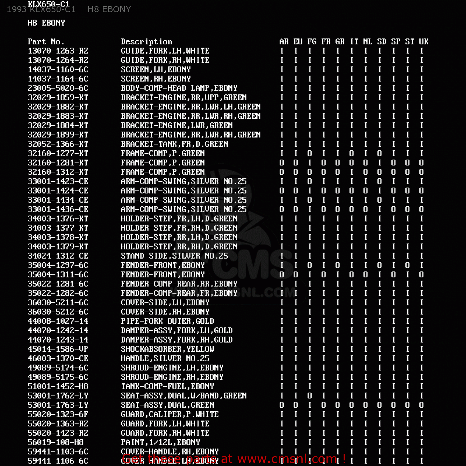 1993 KLX650-C1    H8 EBONY KLX650C1 1993 EUROPE UK FR NL AR FG GR IT SD SP ST
