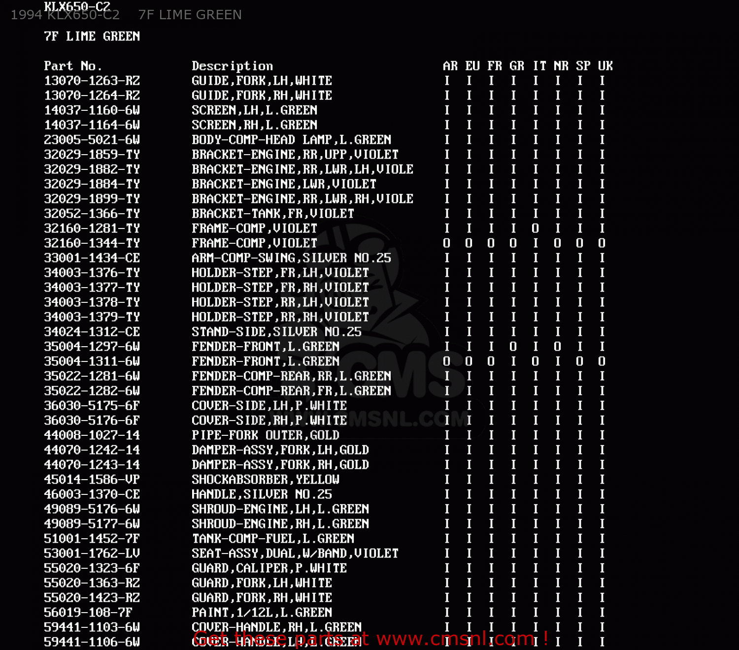 1994 KLX650-C2    7F LIME GREEN KLX650C1 1993 EUROPE UK FR NL AR FG GR IT SD SP ST